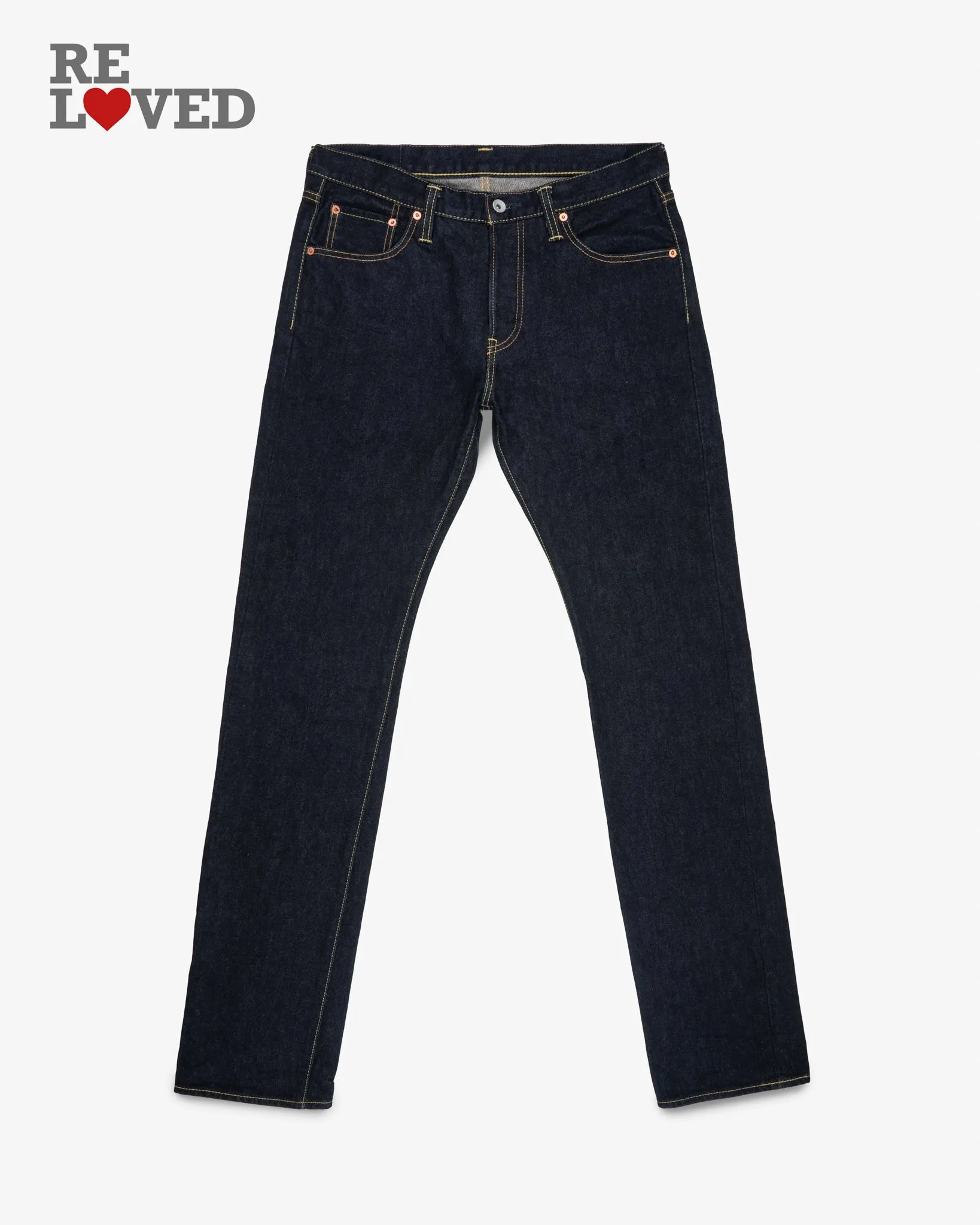 14oz Selvedge Denim Slim Tapered Cut Jeans - Indigo (IH-777S-142) Tag 34, Hemmed to 35.5" sold by Iron Heart