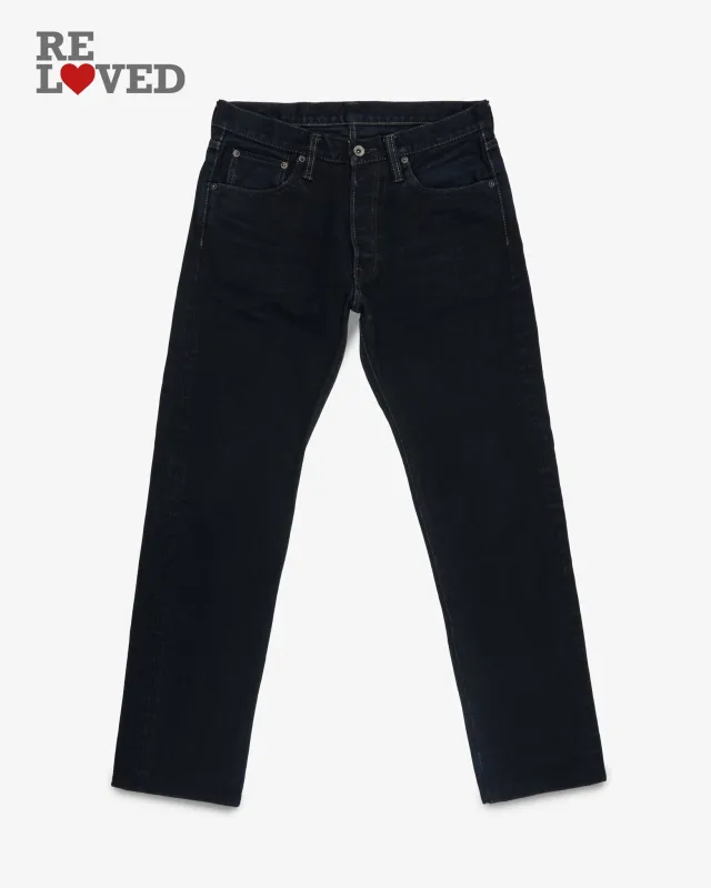 14oz Broken Twill Selvedge Denim Straight Cut Jeans - Indigo Overdyed Black (IH-634SBR-14od) Tag 33, Hemmed to 32.0" sold by Iron Heart