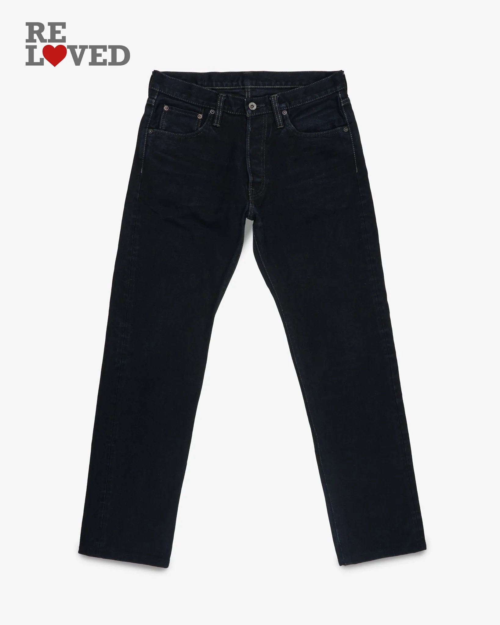 14oz Broken Twill Selvedge Denim Straight Cut Jeans - Indigo Overdyed Black (IH-634SBR-14od) Tag 33, Hemmed to 32.0" sold by Iron Heart