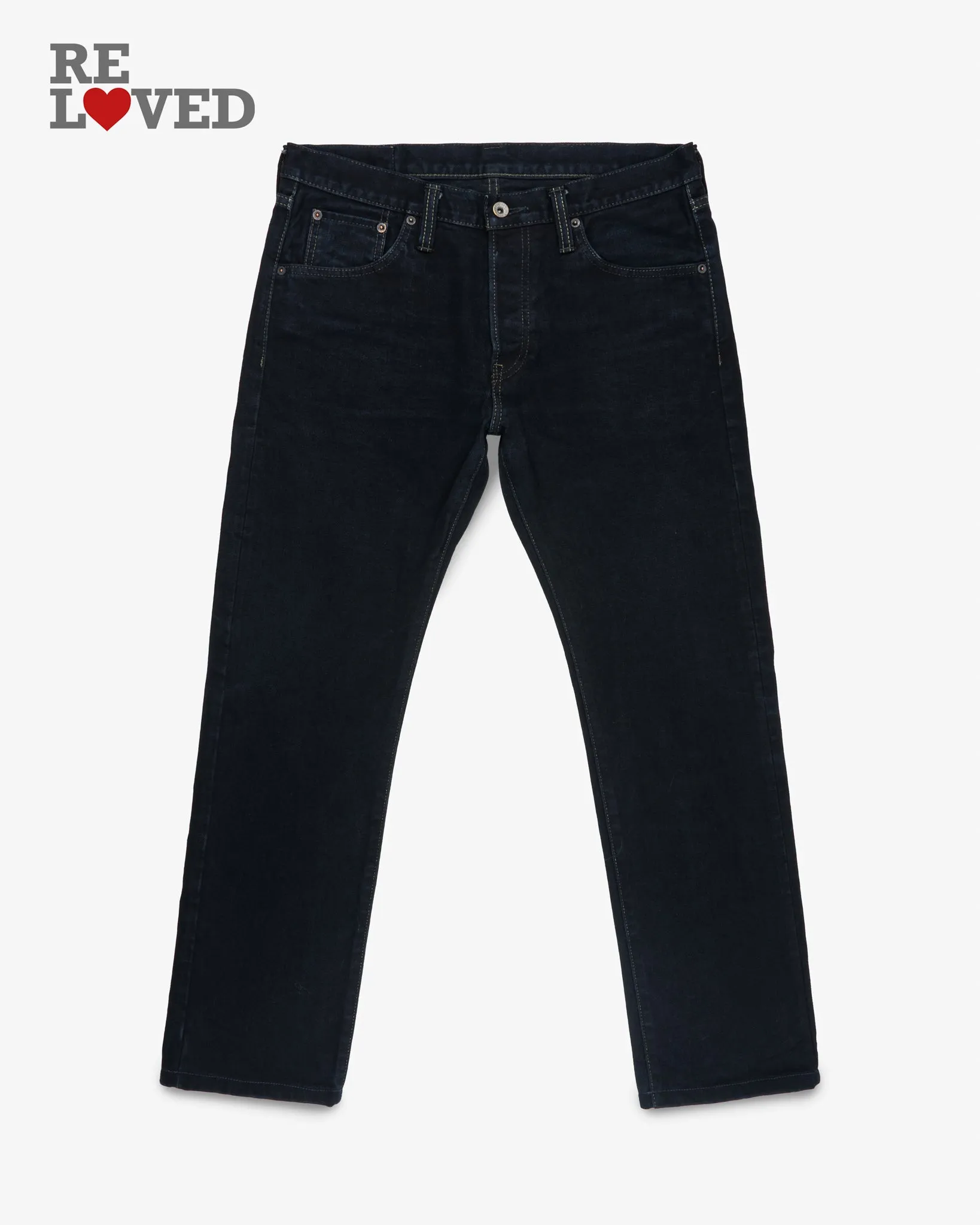 14oz Broken Twill Selvedge Denim Slim Tapered Cut Jeans - Indigo Overdyed Black (IH-777SBR-14od) Tag 34, Hemmed to 29.5" sold by Iron Heart