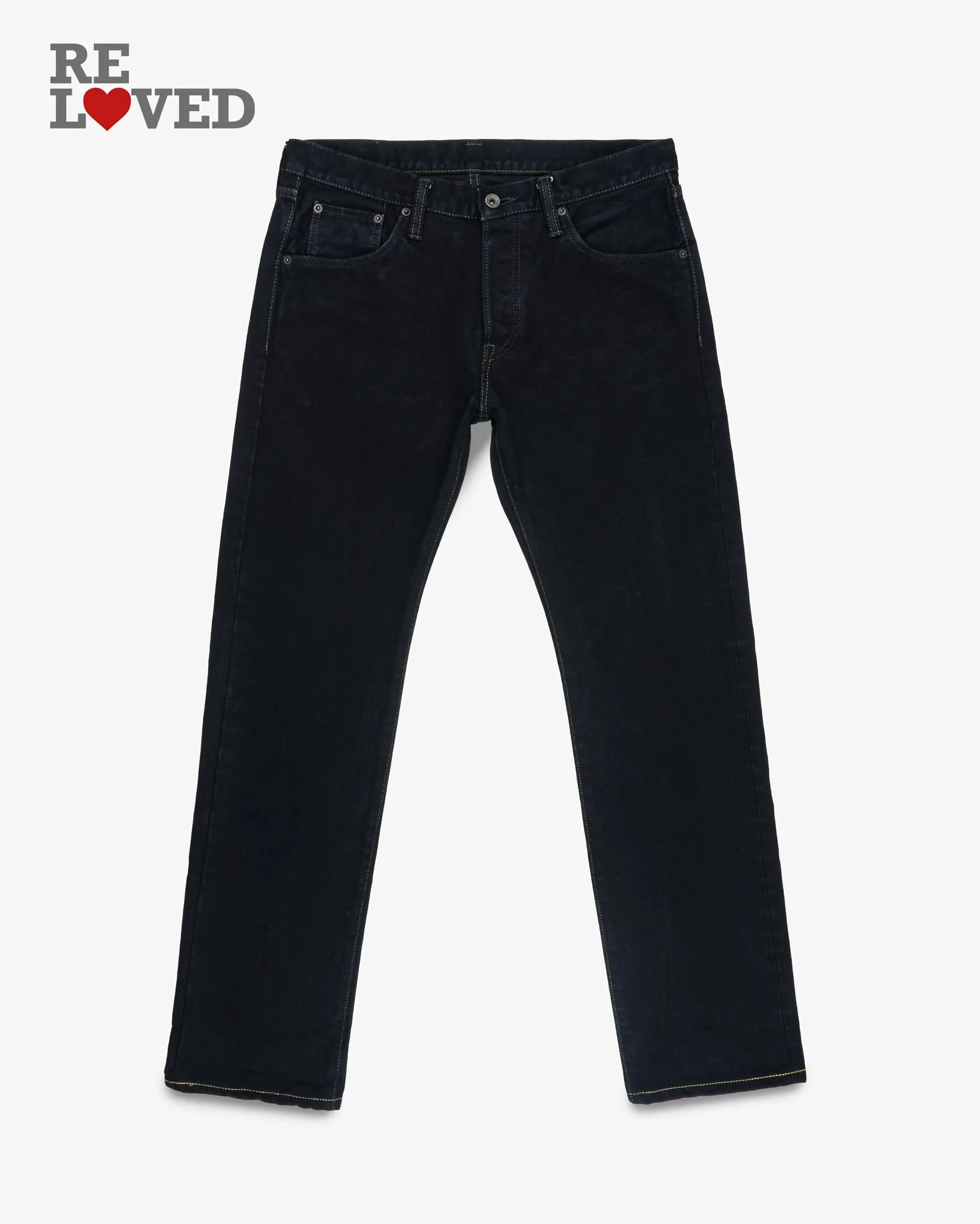 14oz Selvedge Denim Slim Tapered Cut Jeans - Indigo Overdyed Black (IH-777s-142od) Tag 34, Hemmed to 32.0" sold by Iron Heart