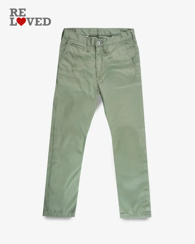 9oz Mercerised Selvedge Cotton Slim Tapered Chinos - Olive (IH-721-OLV) Tag 30, Hemmed to 27.6" sold by Iron Heart