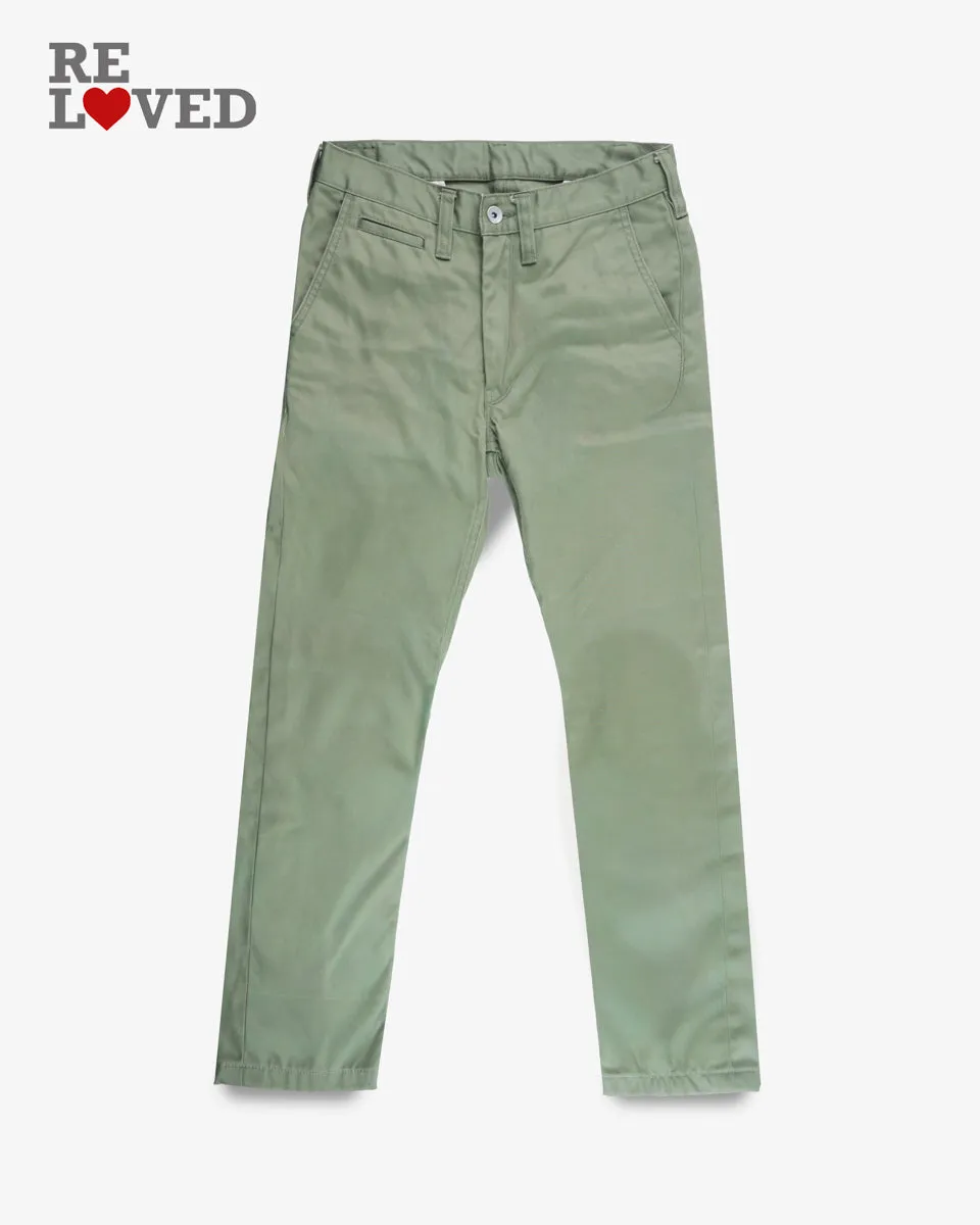 9oz Mercerised Selvedge Cotton Slim Tapered Chinos - Olive (IH-721-OLV) Tag 30, Hemmed to 27.6" sold by Iron Heart