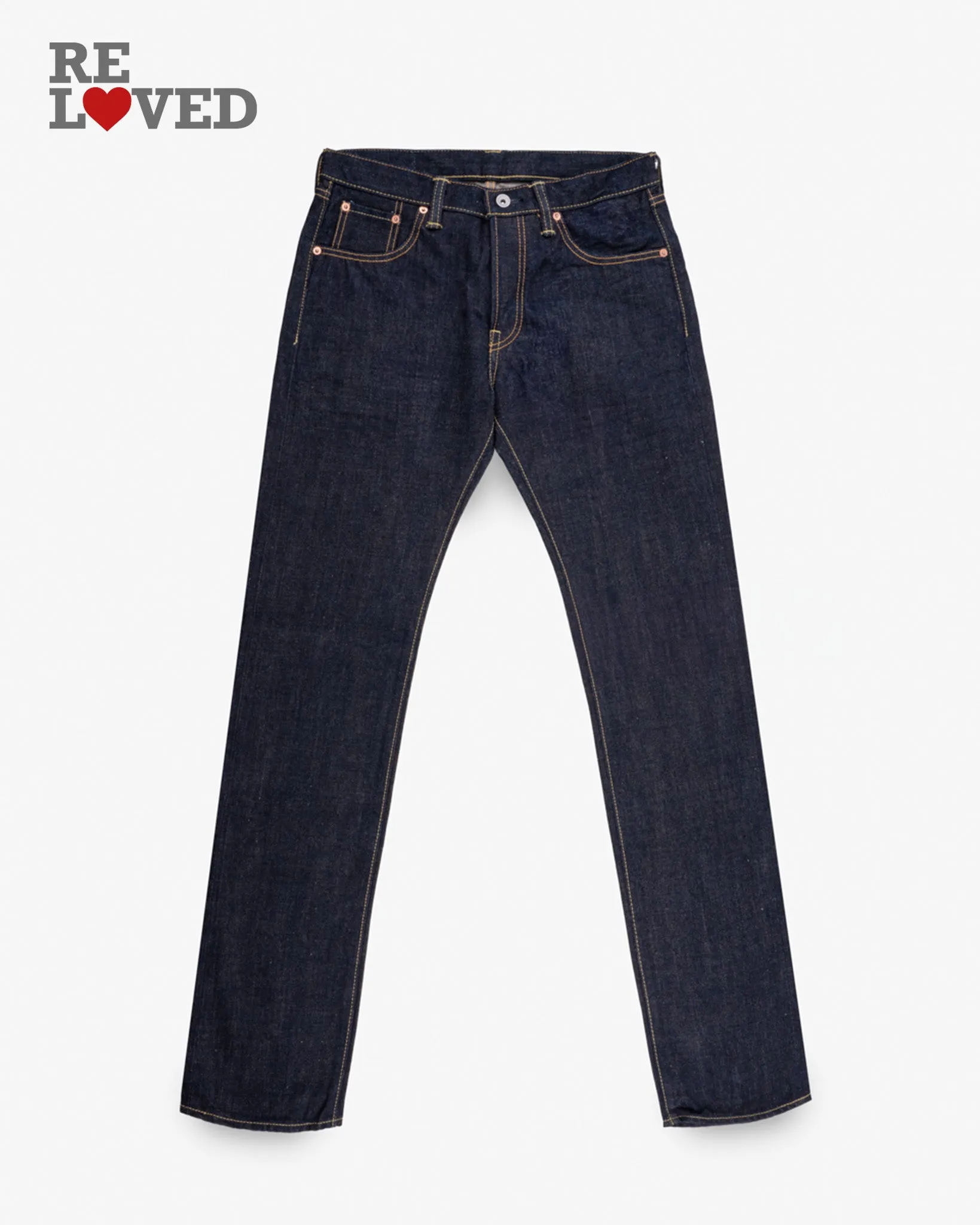 17oz Selvedge Denim Slim Tapered Cut Jeans - Natural Indigo (IH-777N) Tag 33, Hemmed to 32.5" sold by Iron Heart