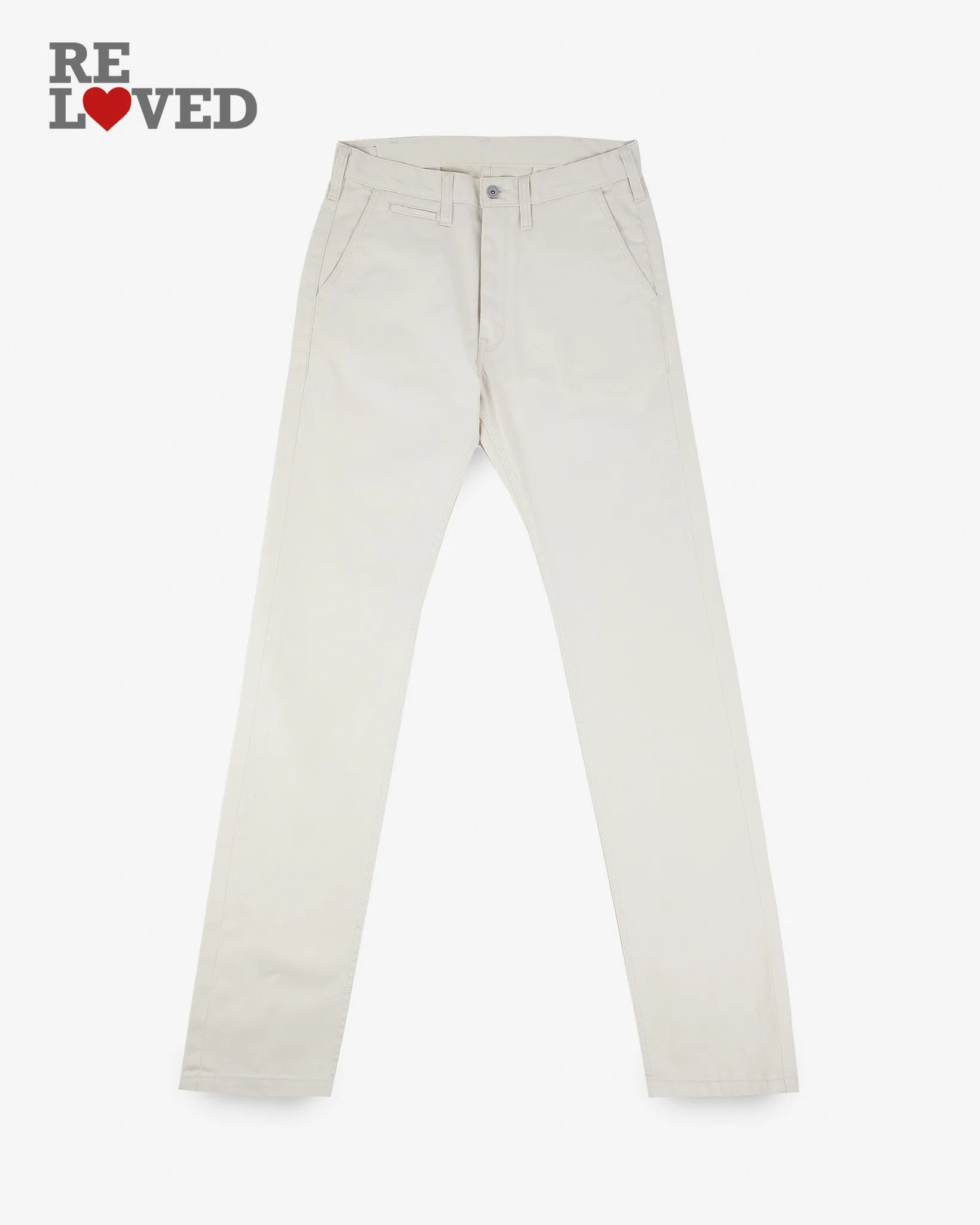 9oz Mercerised Selvedge Cotton Relaxed Tapered Cut Chinos - Ivory (IH-727-IVO) Tag 38, Hemmed to 32.0" sold by Iron Heart