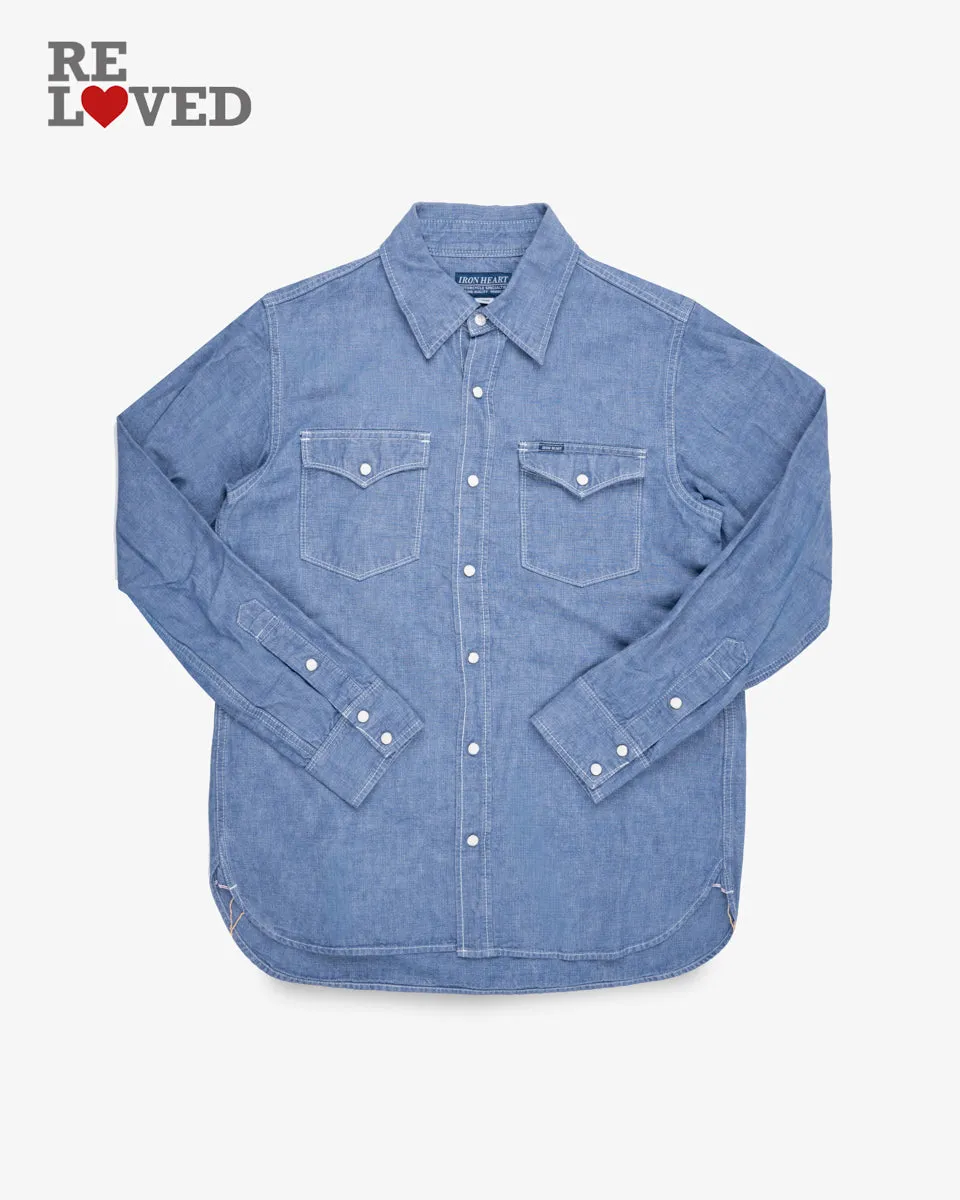10oz Selvedge Chambray Single Yoke Western Shirt - Blue (IHSH-13-BLU) Size Large sold by Iron Heart