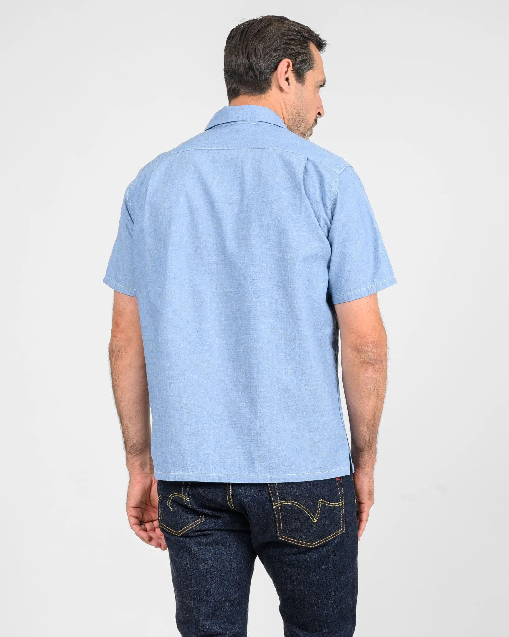 5oz Cotton Linen Open Collar Short Sleeve Shirt - Sax Blue sold by Iron Heart product image thumbnail 3