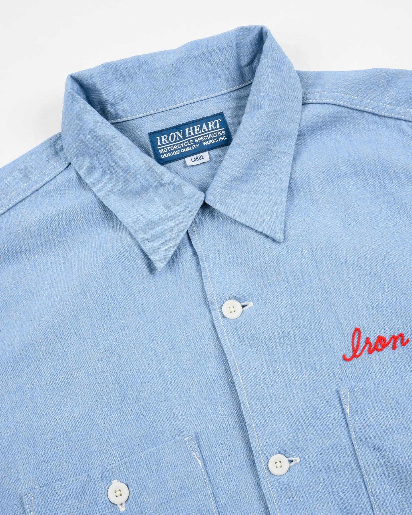 5oz Cotton Linen Open Collar Short Sleeve Shirt - Sax Blue sold by Iron Heart product image thumbnail 5