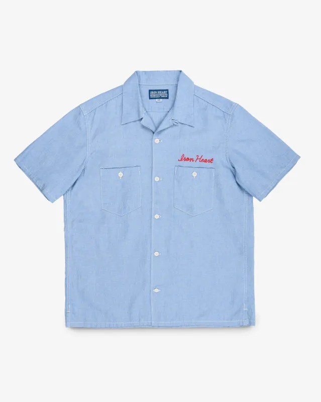 5oz Cotton Linen Open Collar Short Sleeve Shirt - Sax Blue made by Iron Heart