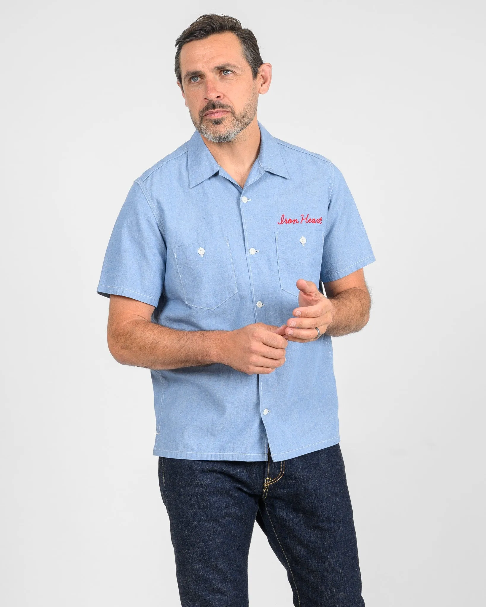 5oz Cotton Linen Open Collar Short Sleeve Shirt - Sax Blue sold by Iron Heart product image thumbnail 2