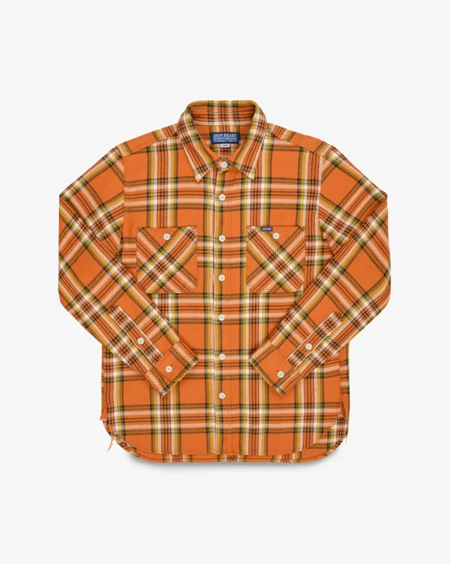 9oz Selvedge Flannel Check Work Shirt - Orange made by Iron Heart