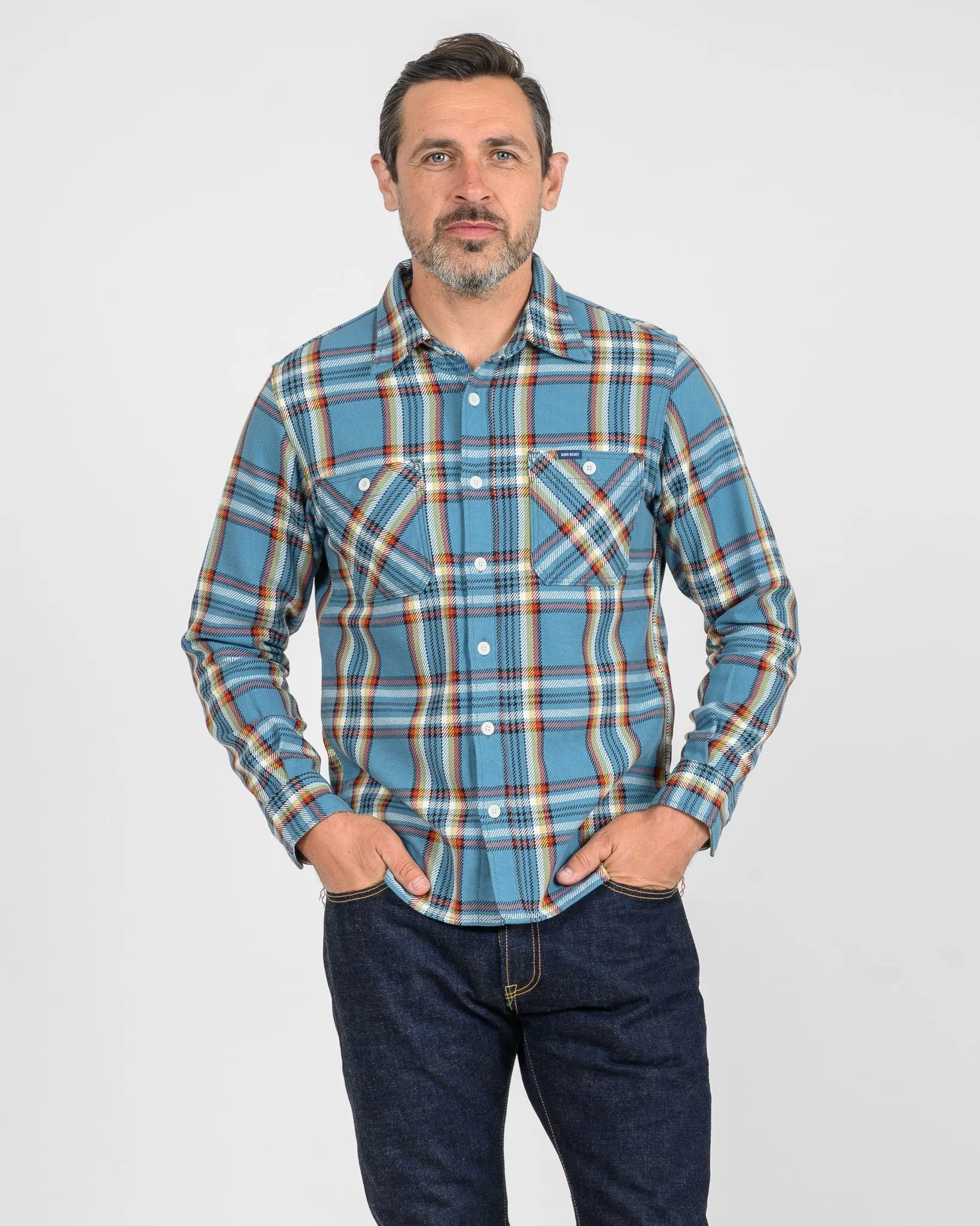 9oz Selvedge Flannel Check Work Shirt - Sax Blue sold by Iron Heart product image thumbnail 2