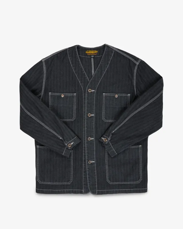 10.5oz Herringbone Collarless Chore Jacket - Black Overdyed Black sold by Iron Heart