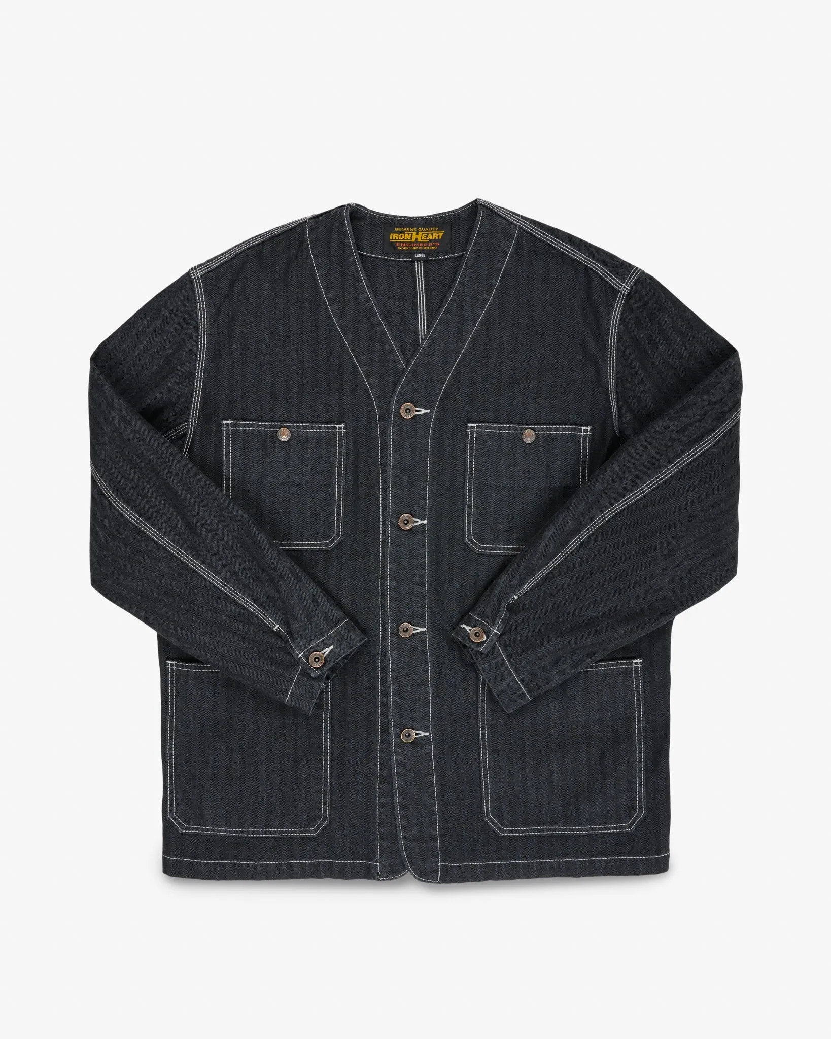 10.5oz Herringbone Collarless Chore Jacket - Black Overdyed Black sold by Iron Heart