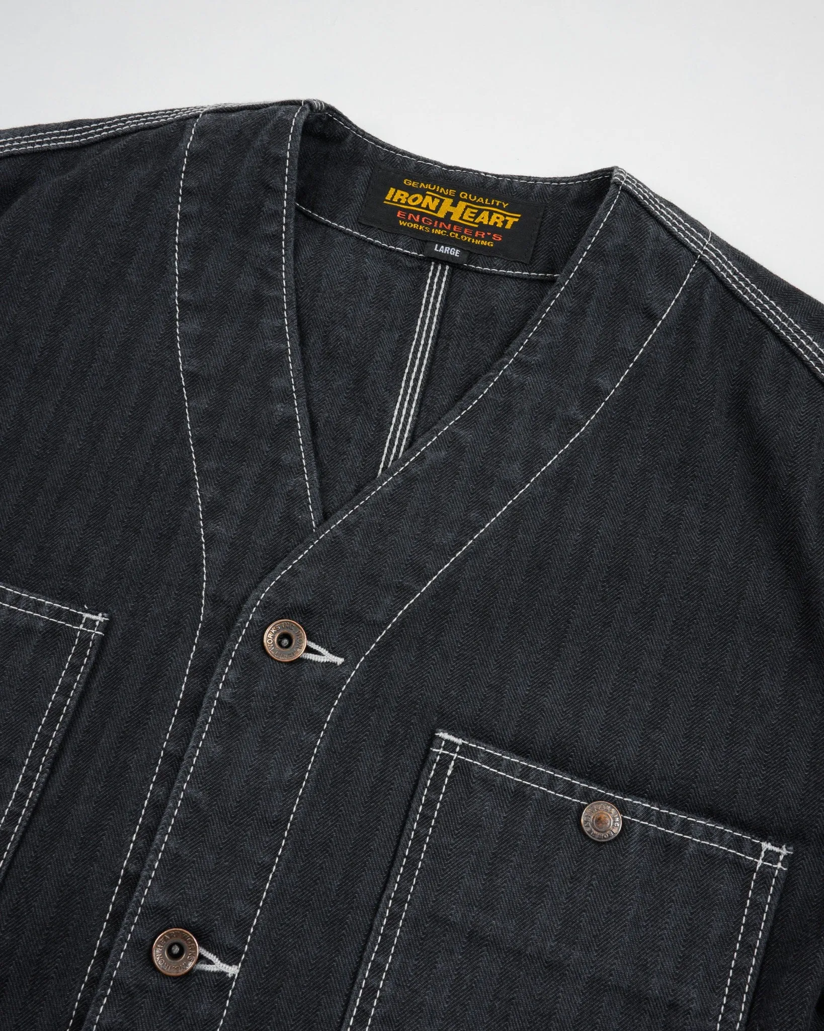 10.5oz Herringbone Collarless Chore Jacket - Black Overdyed Black sold by Iron Heart product image thumbnail 5