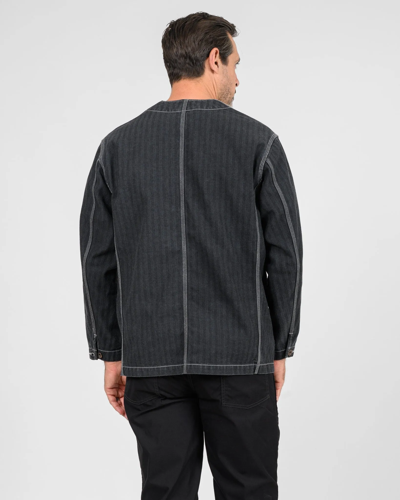 10.5oz Herringbone Collarless Chore Jacket - Black Overdyed Black sold by Iron Heart product image thumbnail 3