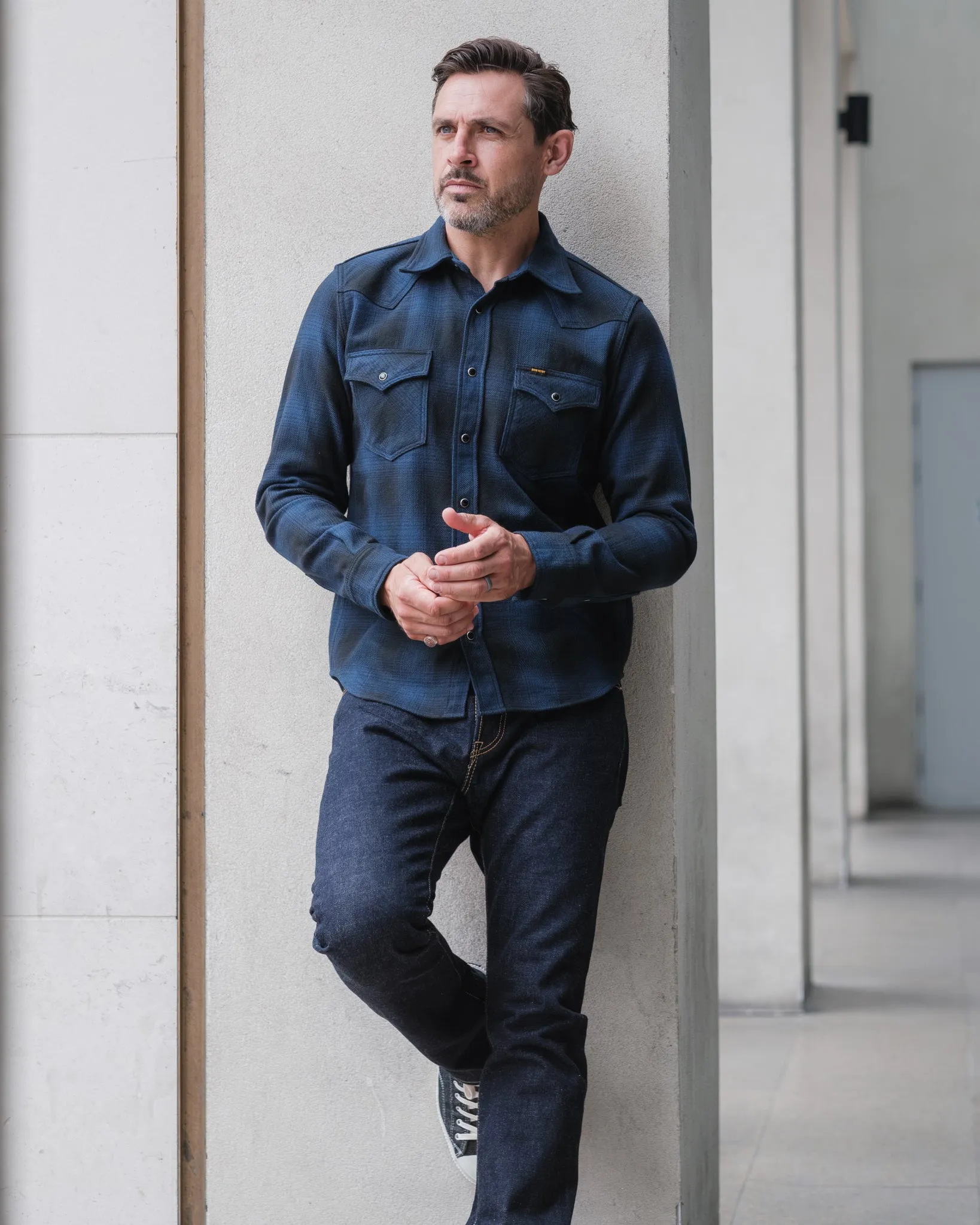 Ultra Heavy Flannel Ombré Check Western Shirt - Navy/Black sold by Iron Heart product image thumbnail 4