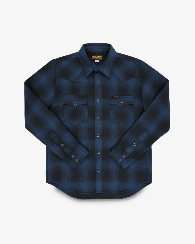 Ultra Heavy Flannel Ombré Check Western Shirt - Navy/Black made by Iron Heart