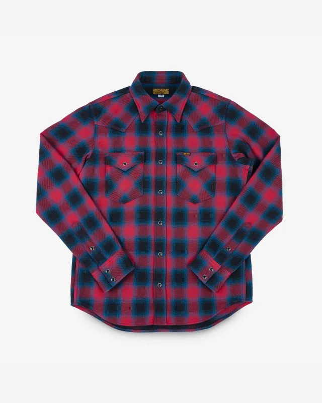 Ultra Heavy Flannel Ombré Check Western Shirt - Red made by Iron Heart