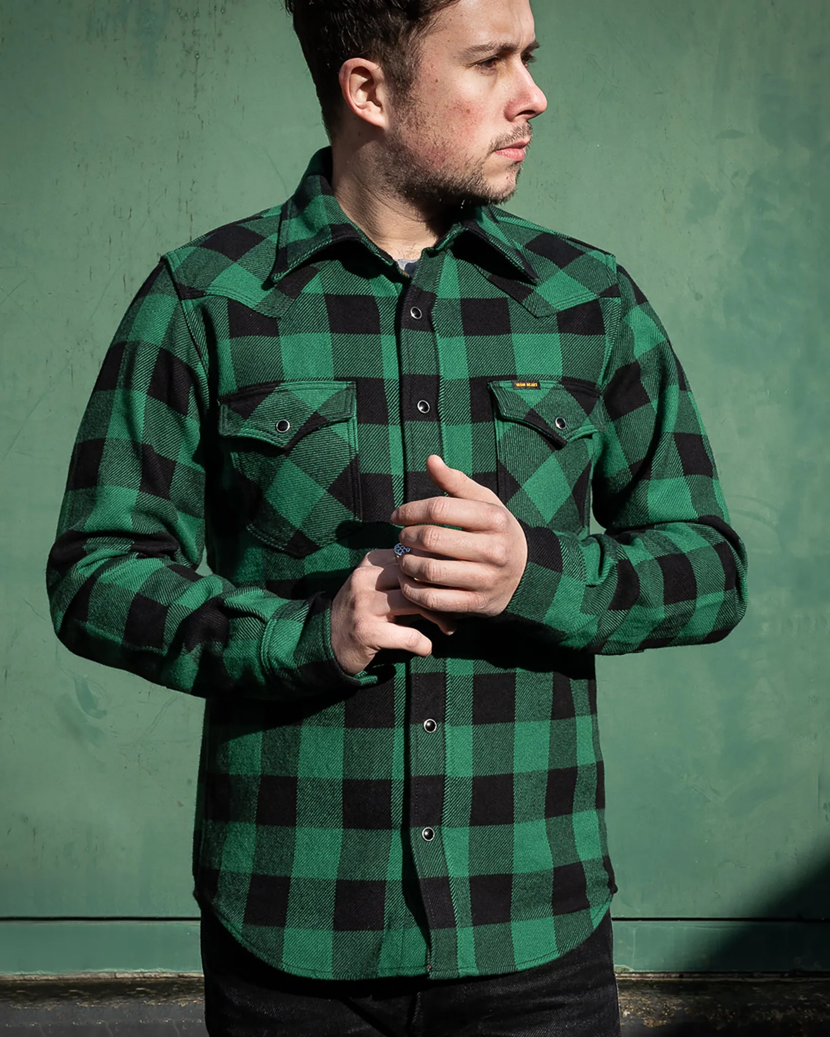 Ultra Heavy Flannel Buffalo Check Western Shirt - Green/Black sold by Iron Heart product image thumbnail 4