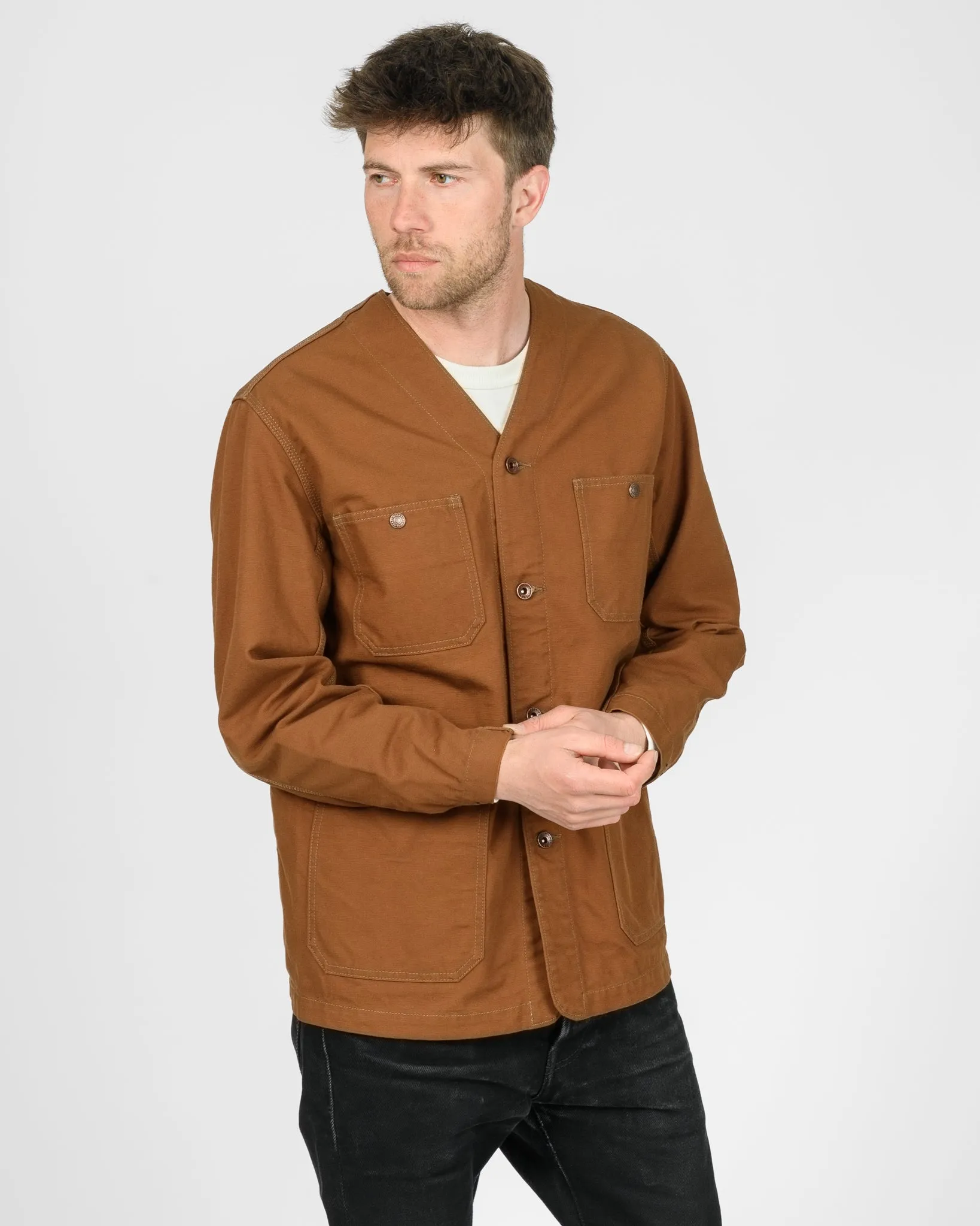 13.5oz Duck Collarless Chore Jacket - Brown sold by Iron Heart product image thumbnail 3