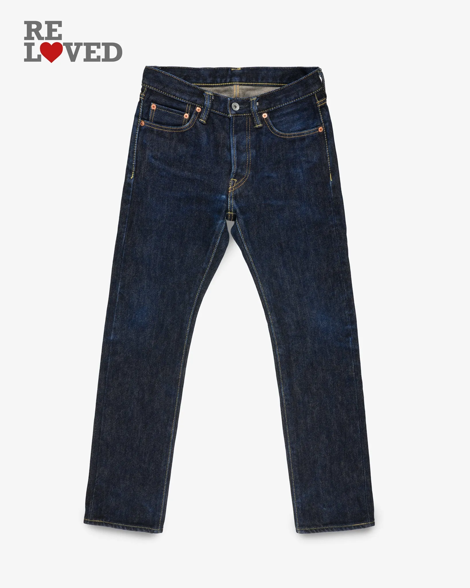 21oz Selvedge Denim Slim Cut Jeans - Indigo (IH-555s-21) Tag 29, Hemmed 28.5" sold by Iron Heart