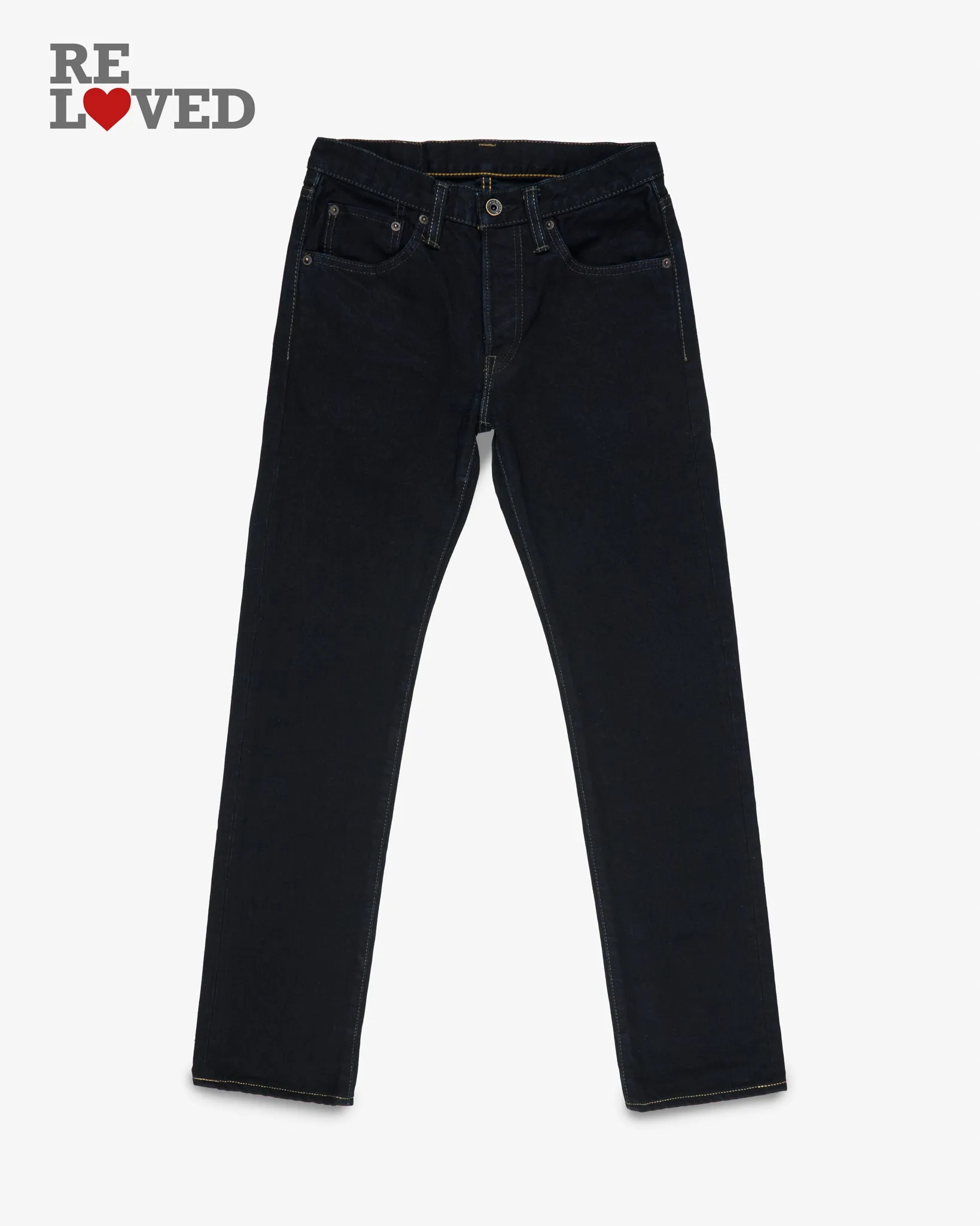 14oz Selvedge Denim Slim Tapered Cut Jeans - Indigo Overdyed Black (IH-777s-142od) Tag 28, Hemmed to 30.0" sold by Iron Heart