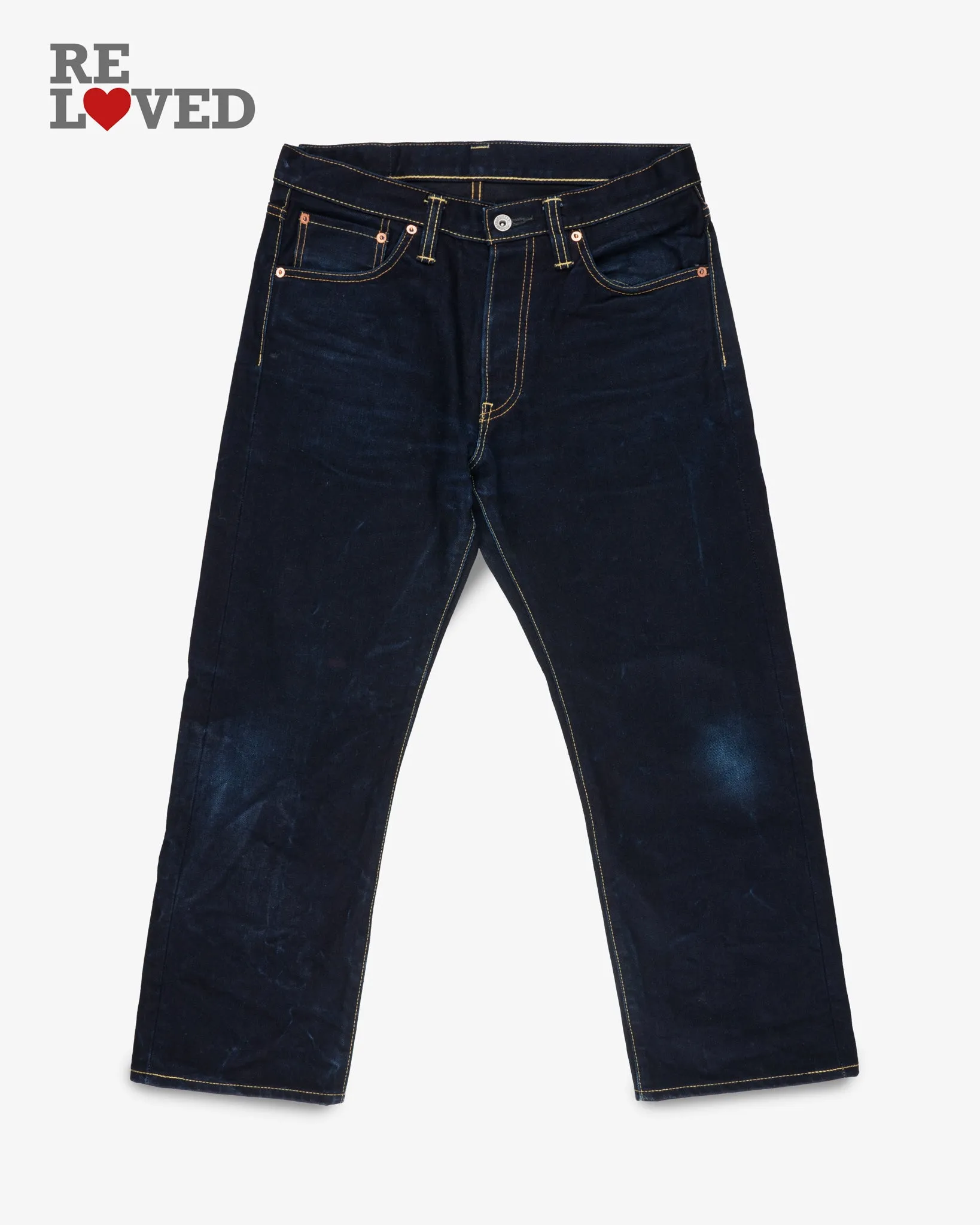 14oz Selvedge Denim Straight Cut Jeans - Indigo/Black (IH-634s-142ib) Tag 32, Hemmed to 25.5" sold by Iron Heart