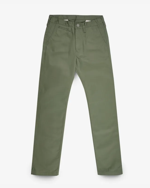 9oz Mercerised Selvedge Cotton Slim Tapered Chinos - Olive sold by Iron Heart