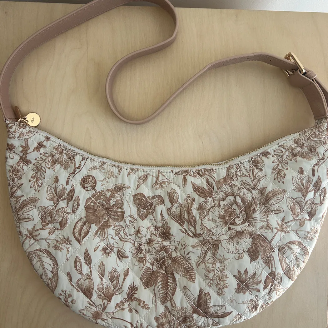 Quilted Crescent Crossbody - Toile Print / Blush Strap Sample Sale sold by ELA
