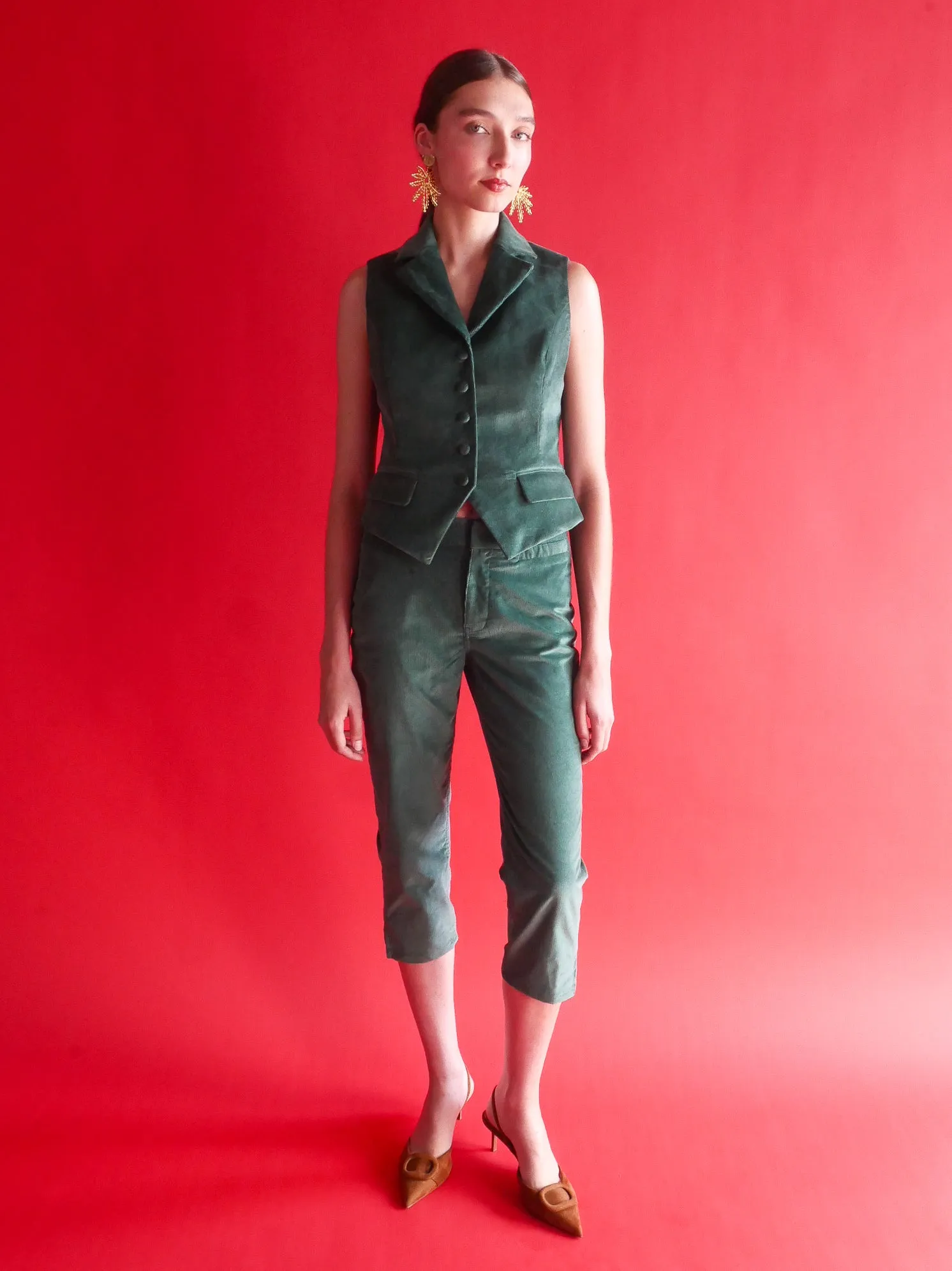 Celeste Capri Pant in Forest Green Corduroy sold by Anna Valentina