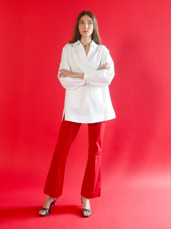 Vivienne Flare Pant in Red Cotton Herringbone sold by Anna Valentina