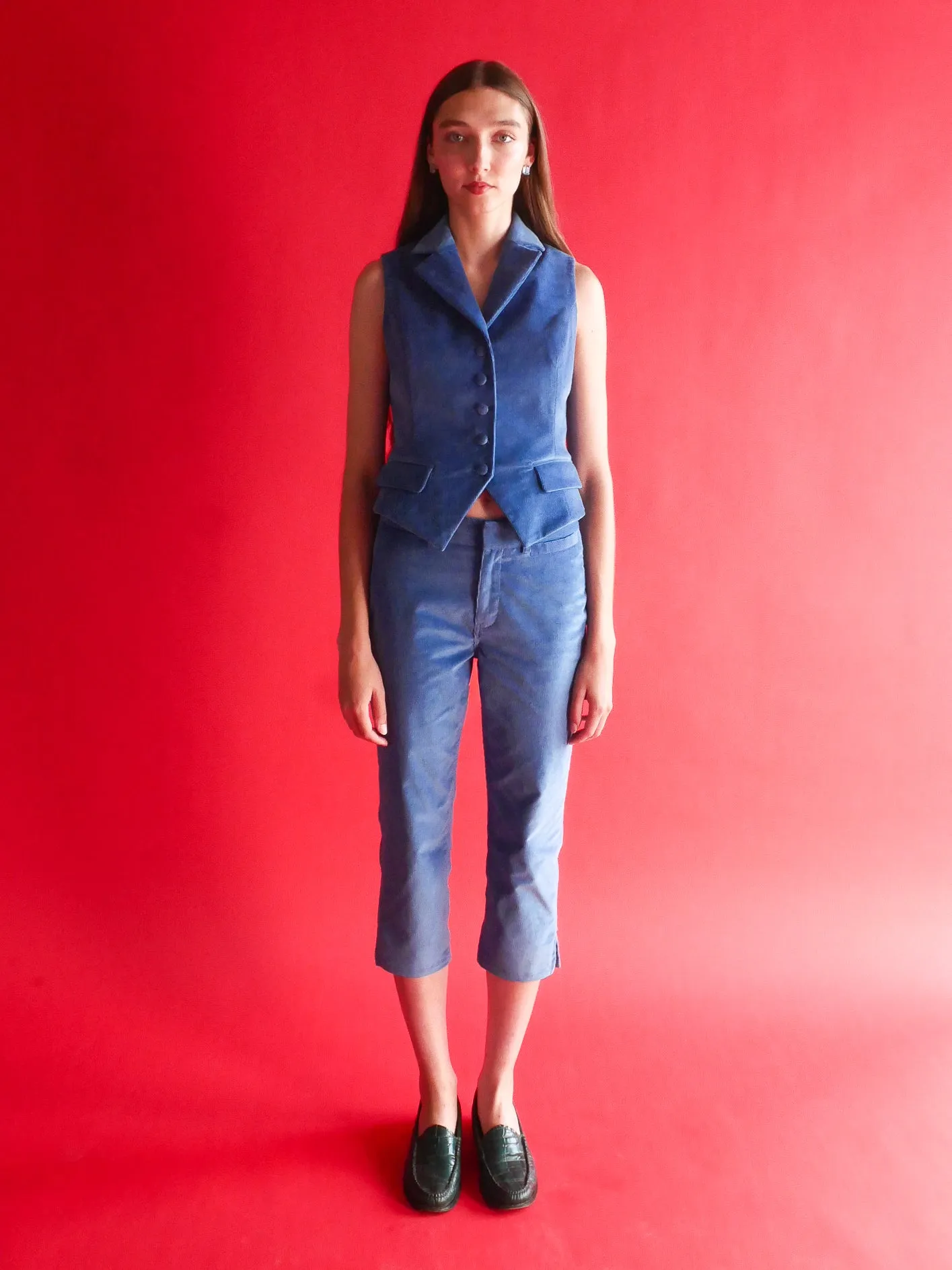 Celeste Tailored Vest in Blue Corduroy sold by Anna Valentina