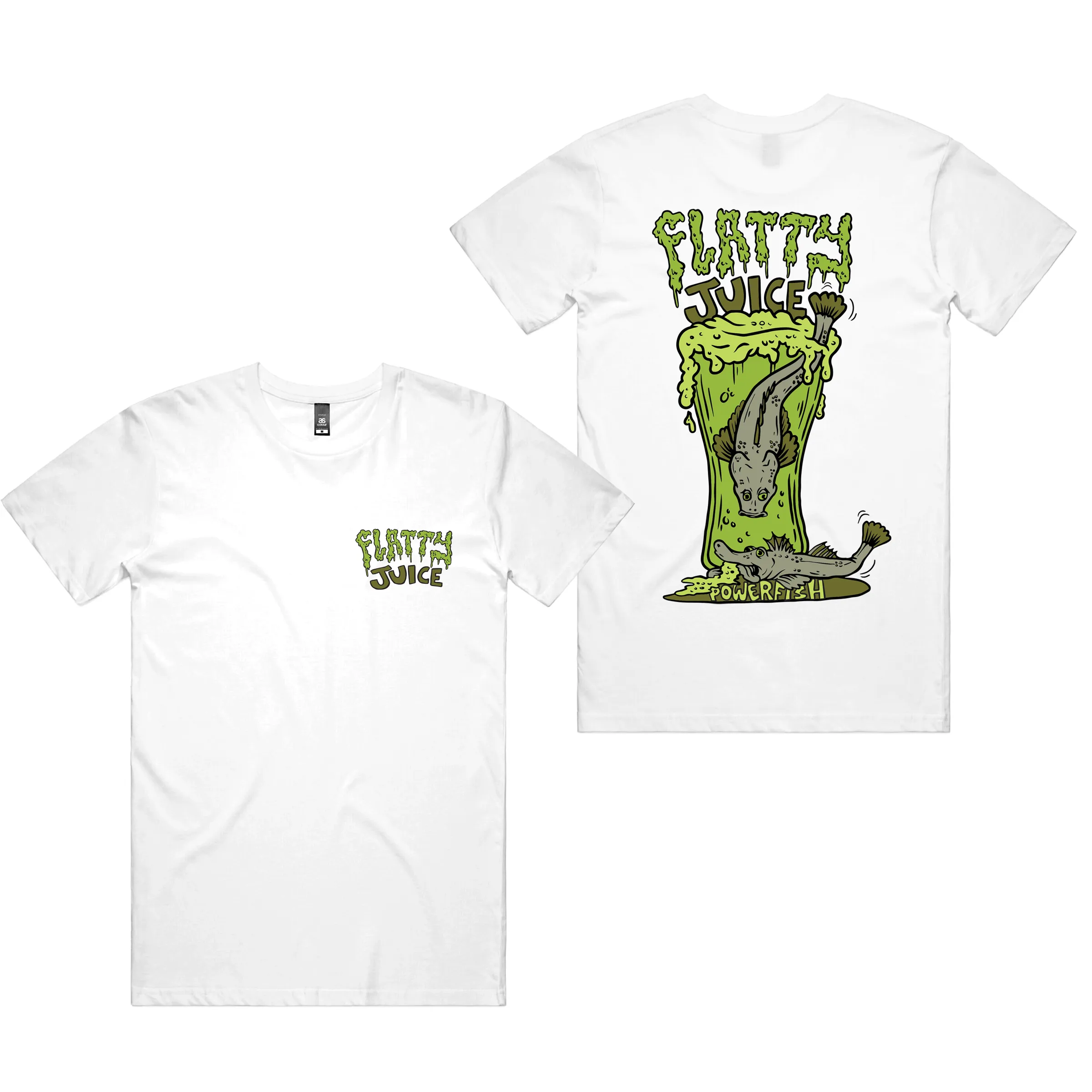 Powerfish Flatty Juice White Tee sold by Dr. Moose