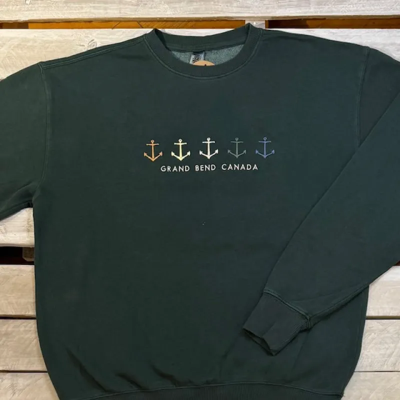 Grand Bend Souvenir Five Anchors Embroidery Crew Neck Fleece sold by Archie's Surf Shop