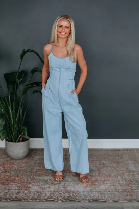 Celena Denim Jumpsuit made by Wild Oak Boutique