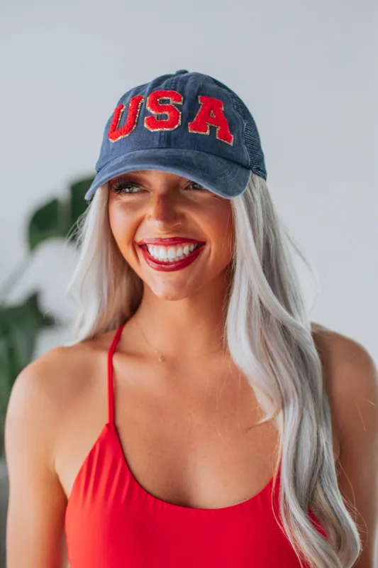 USA Chenille Baseball Cap - Navy sold by Wild Oak Boutique