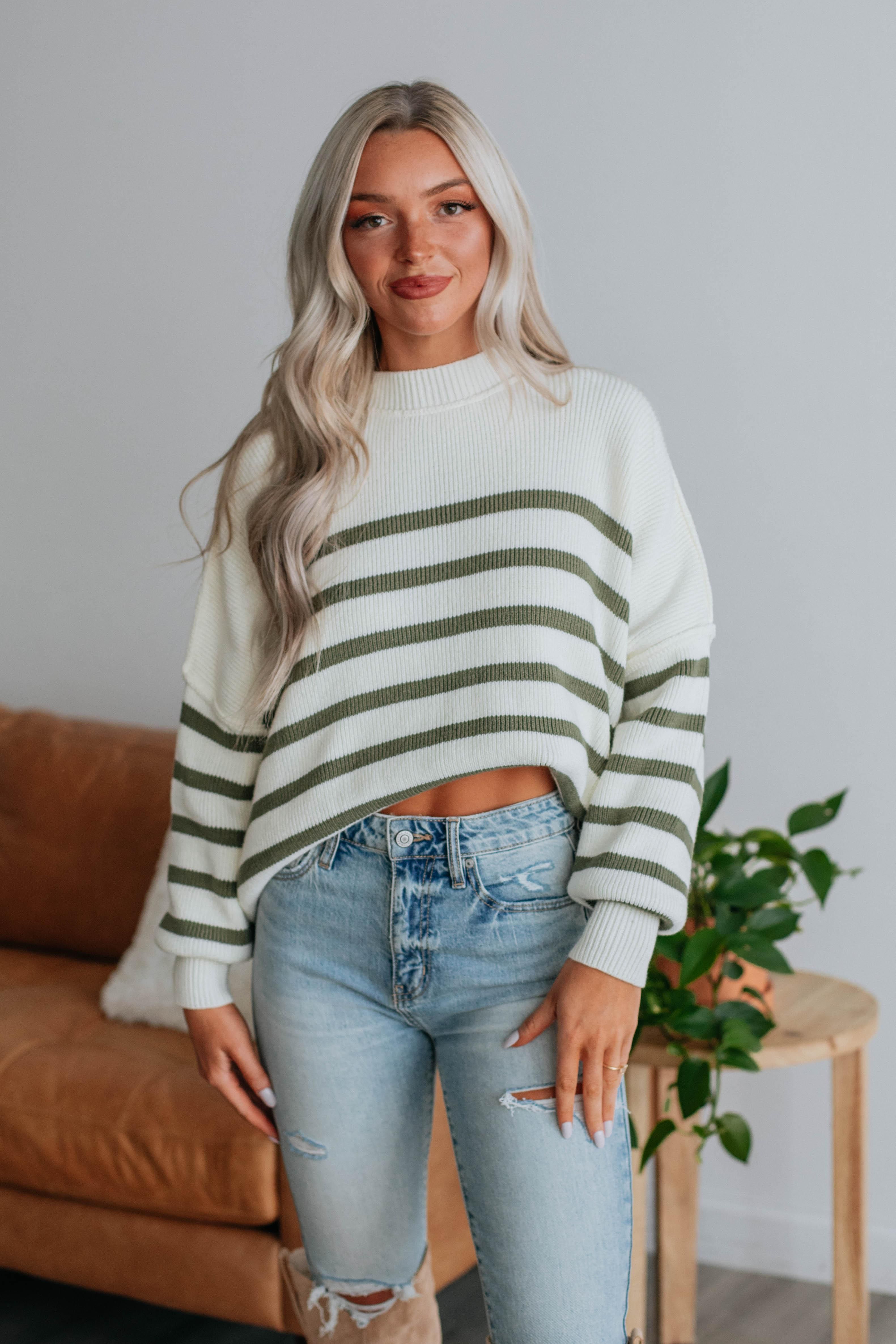 Darcie Striped Sweater - Olive sold by Wild Oak Boutique product image thumbnail 2