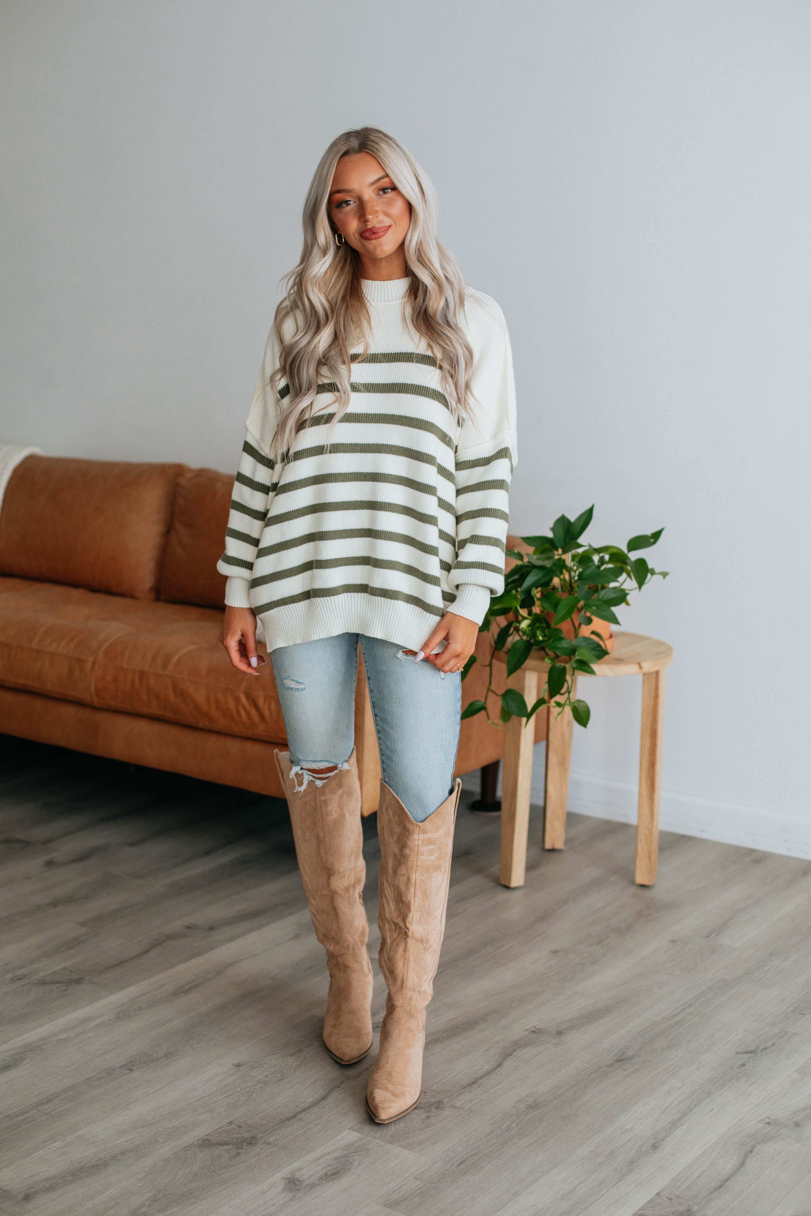 Darcie Striped Sweater - Olive sold by Wild Oak Boutique