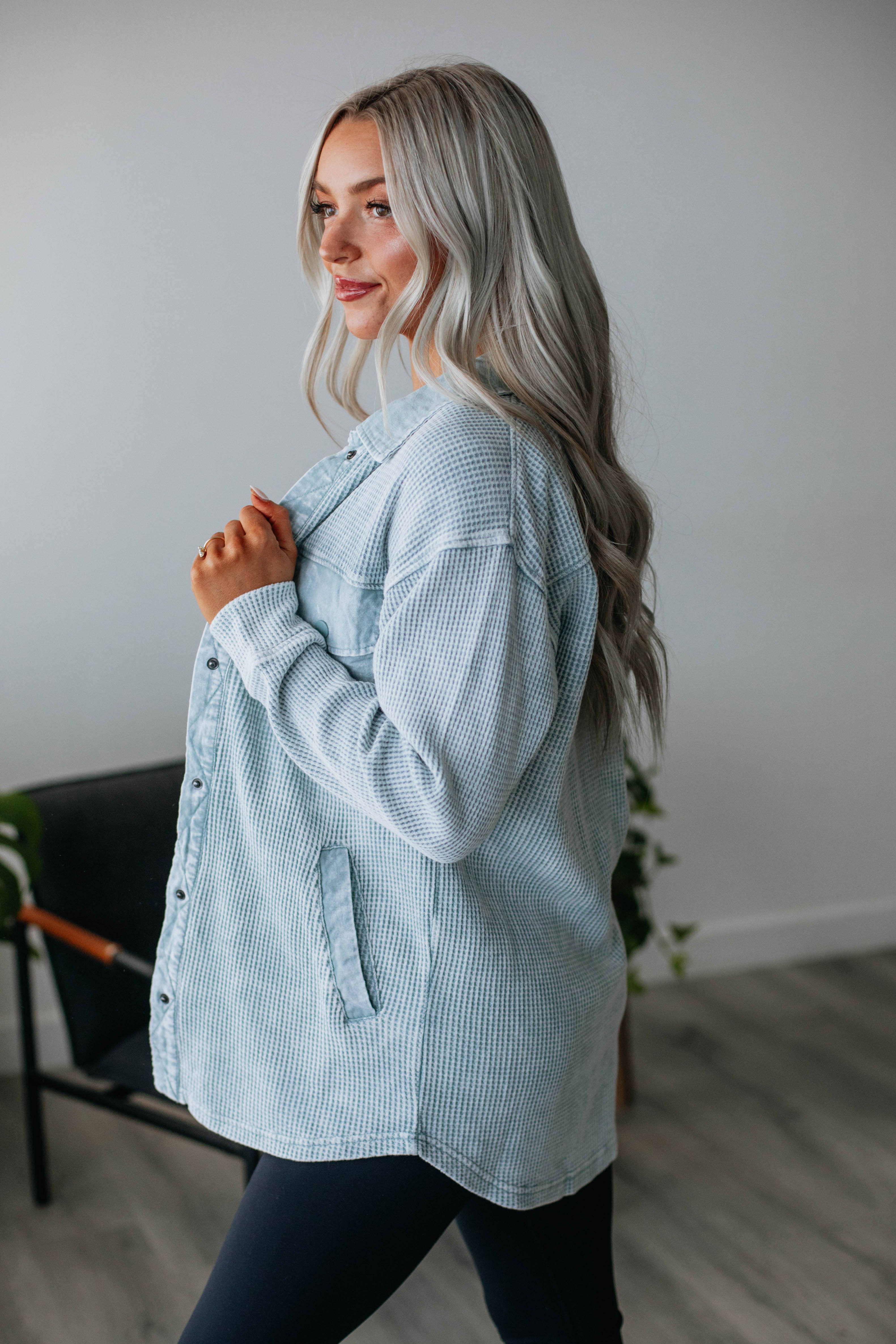 Zolee Waffle Knit Shacket - Cloud sold by Wild Oak Boutique product image thumbnail 2