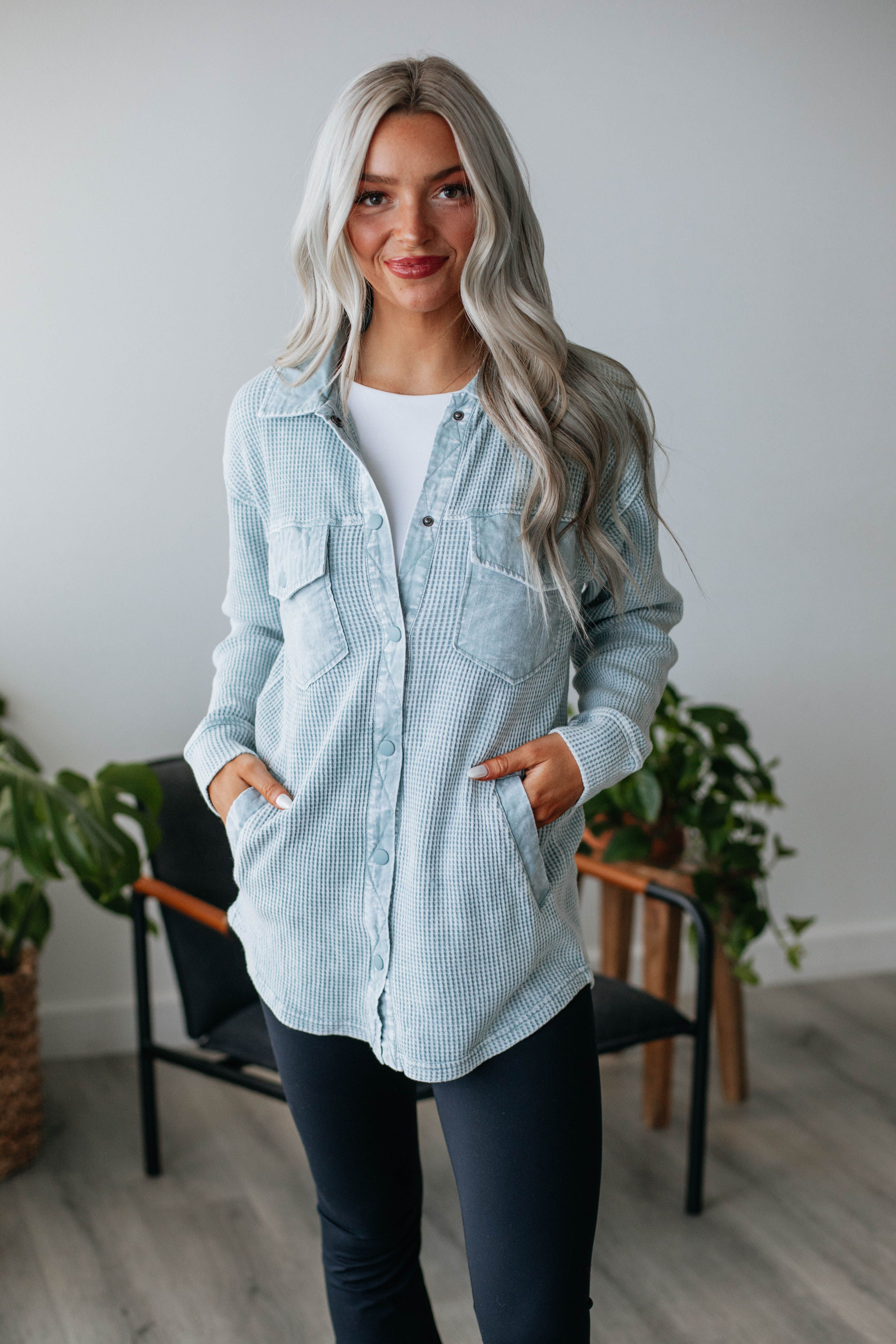 Zolee Waffle Knit Shacket - Cloud sold by Wild Oak Boutique