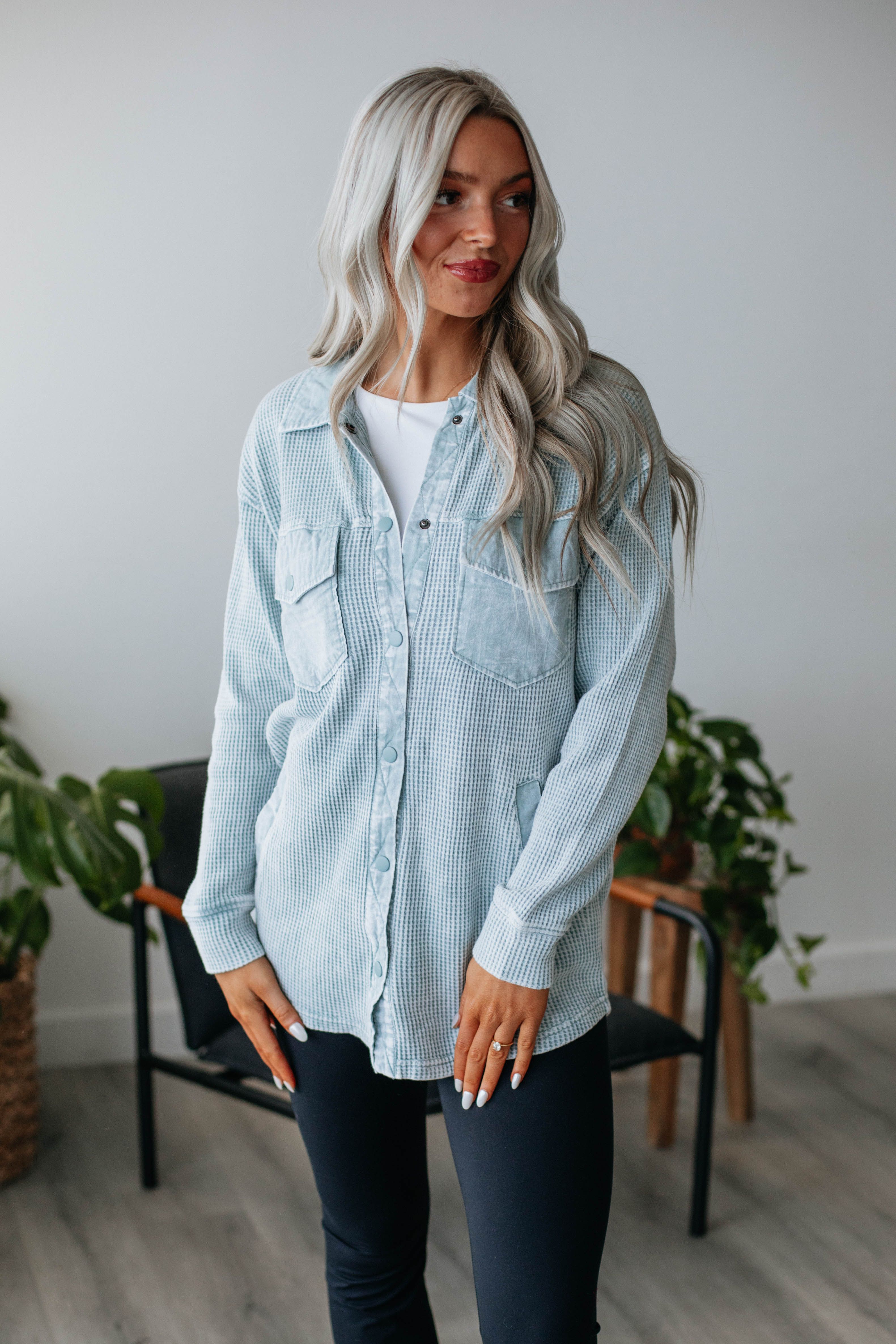 Zolee Waffle Knit Shacket - Cloud sold by Wild Oak Boutique product image thumbnail 5
