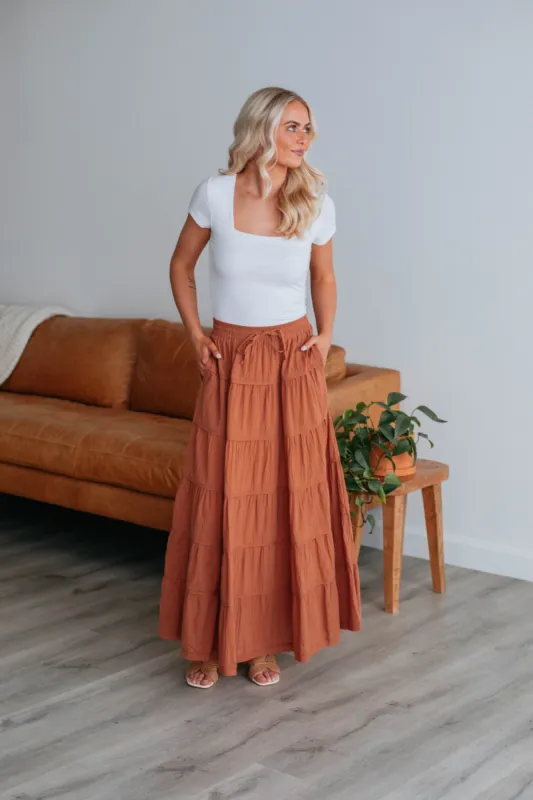 Parli Tiered Maxi Skirt - Clay sold by Wild Oak Boutique