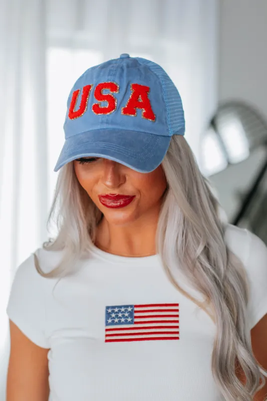 USA Chenille Baseball Cap - Light Blue sold by Wild Oak Boutique