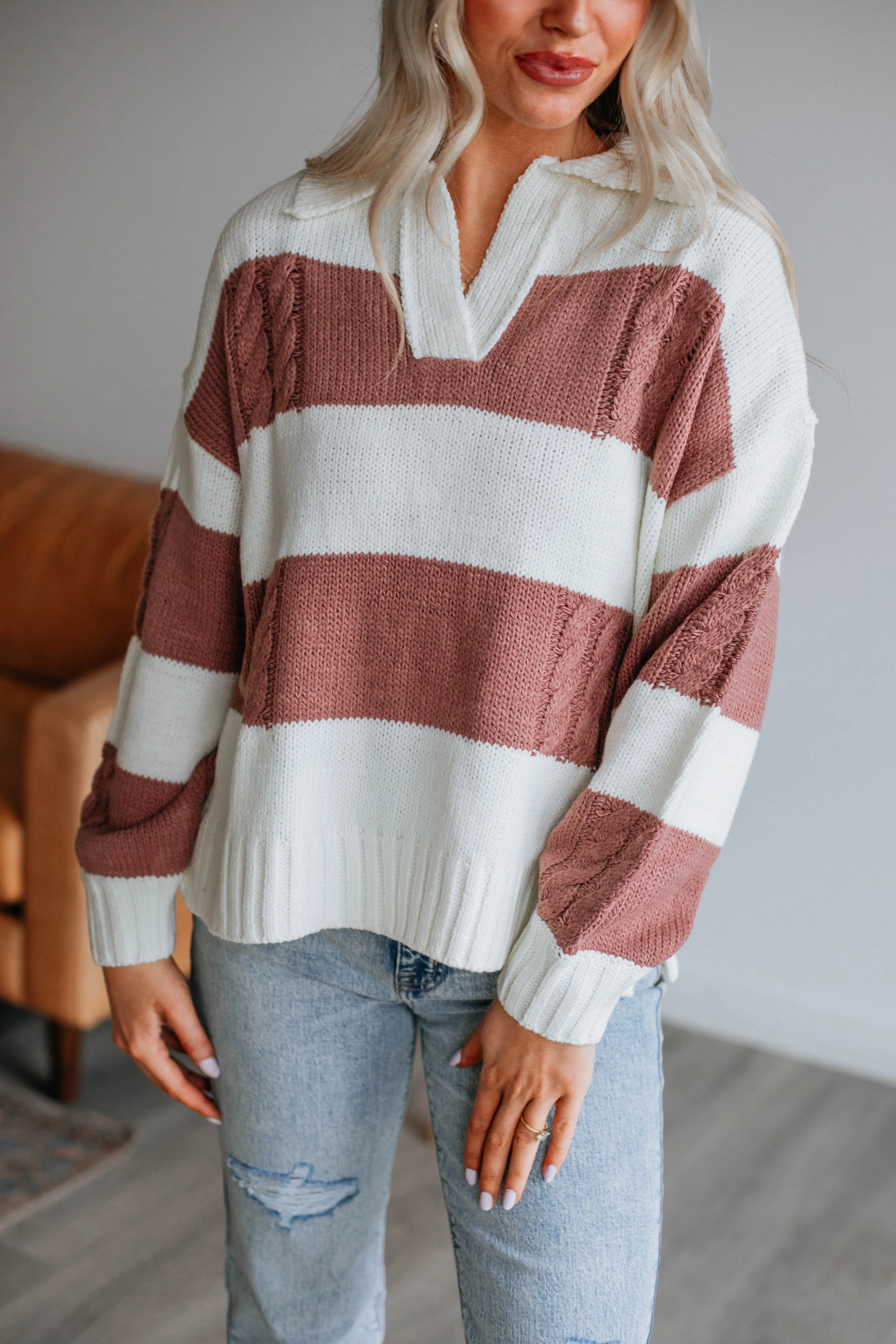 Heather Striped Sweater - Dark Mauve sold by Wild Oak Boutique