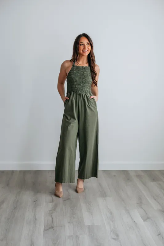 Brennan Smocked Jumpsuit - Dark Olive sold by Wild Oak Boutique