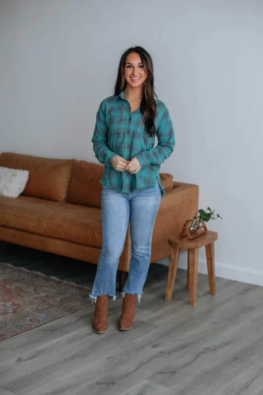 Alora Oversized Flannel - Aqua Mix sold by Wild Oak Boutique