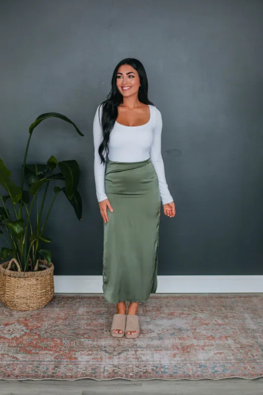 Deena Satin Skirt - Olive sold by Wild Oak Boutique