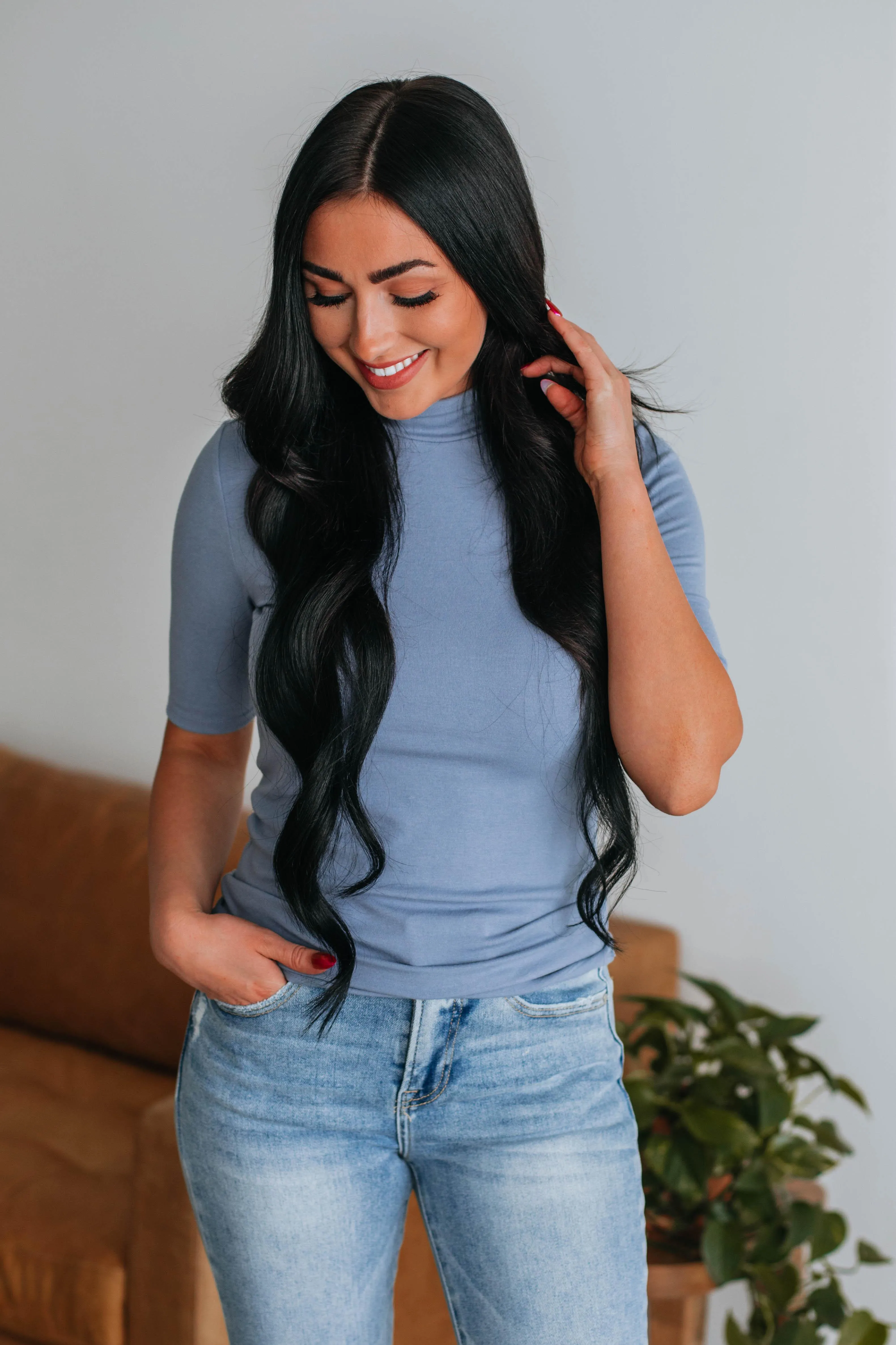 Grant Mock Neck Top - Slate Blue sold by Wild Oak Boutique