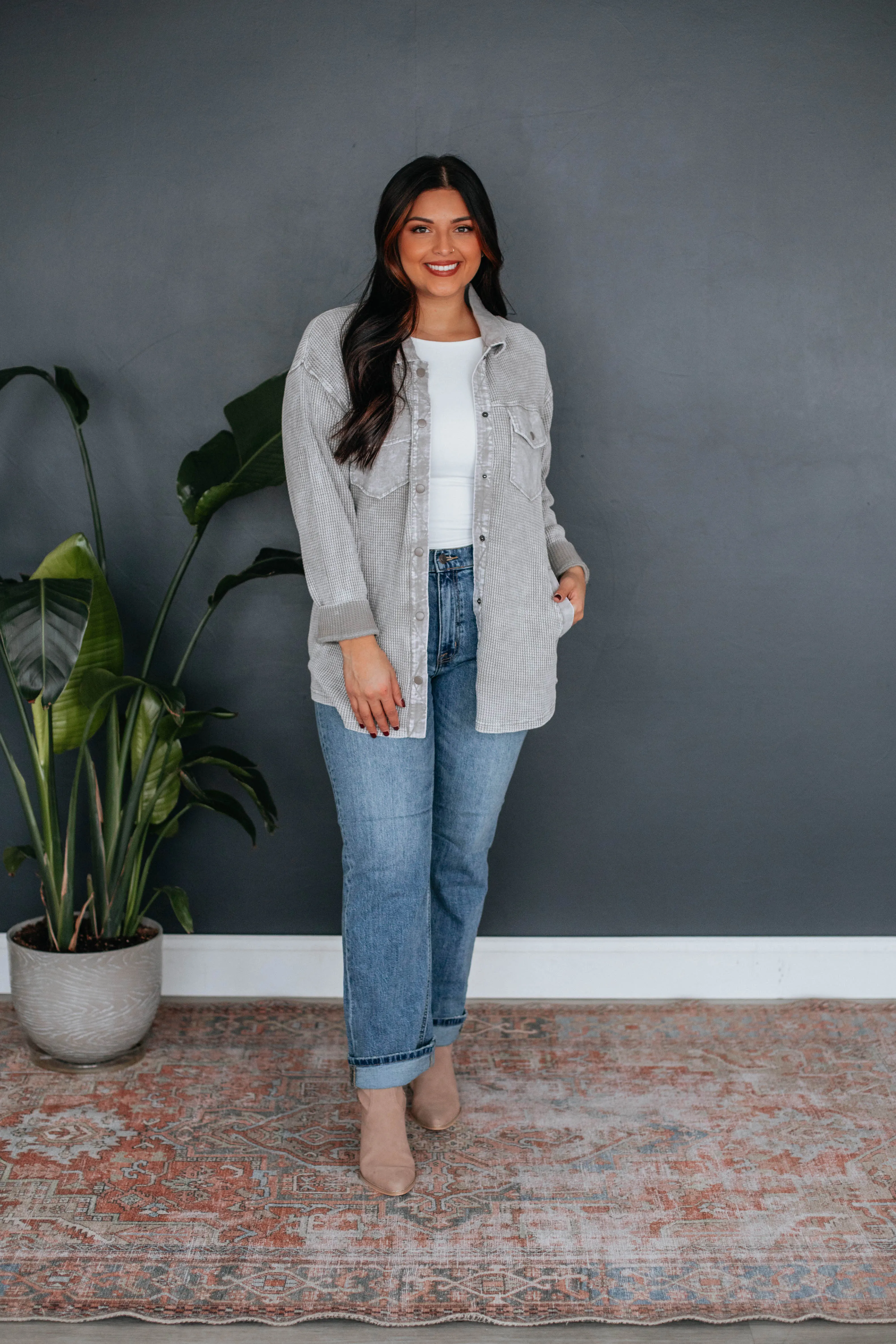 Zolee Waffle Knit Shacket - Stone sold by Wild Oak Boutique product image thumbnail 4
